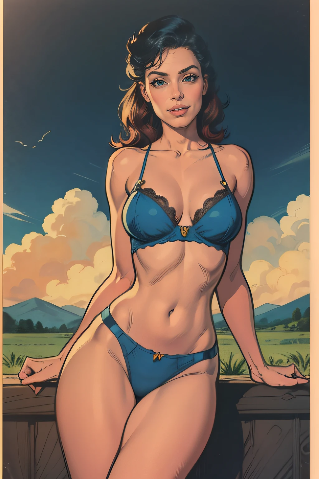 20 years old Girl sitting on fance of the farm, No Bra, , medium breast, shining skin, dramatic lighting, pin up style, sexy, surprised, , colorful , masterpieces, illustrated, shining skin, detailed face, Medium breast. tight body. Illustrated BY Zoe Mozert, pinup art byZoe Mozert, vintage pin up, illustrated by Zoe Mozert, girl pinup, pinup girl, pin-up poster girl, pin up girl, pinup, pin - up girl, Detailed face, Detailed Hands, Detailed legs,