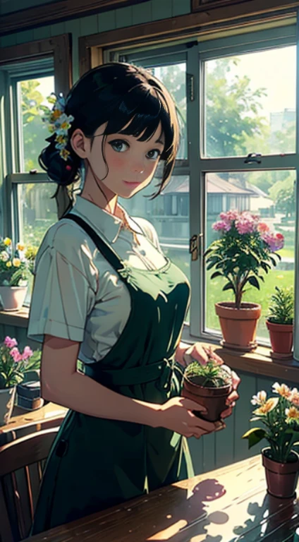 ((Watercolor in Sargent style))、(top-quality、masterpiece)、超A high resolution、high-detail、(David Hamilton Style)、(softfocus)、Soft light、1人の女性、20yr old、((take care of flowers))、((Watering the flower))、classic one-piece uniform、A stunning、Short black hair、Bunching hair、Crisp face、cute face、(detailed face depiction)、Detailed eyes、Medium-sized breasts、((Flower Shop))、((The store sells green plants)), The main entrance is glazed., The windows are made of glass, On the window shelves there are potted plants and flowers、Quiet moments、Vintage atmosphere、Fascinating beauty、Lush green environment、Side table、Flowers on the windowsill、teapot、florals、houseplant、
