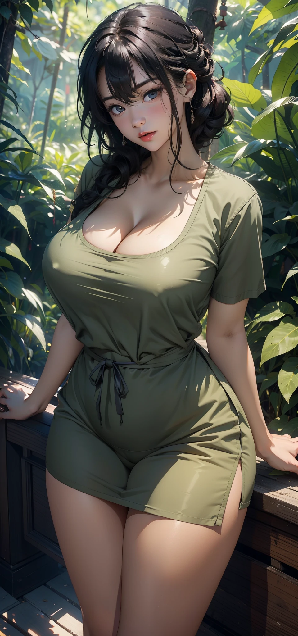 1female,25 age old,Large breasts,long leges,big chest and thin waist,a little bit chubby, photo exposure, 独奏,(Background with:at a forest,the rainforest,in summer) She has short black hair,Stood up,seen from the front, curlies, The sky is mostly cloudy,(((tmasterpiece),(Very detailed CG unified 8k wallpaper),Best quality at best,电影灯光,detailed back ground,beautidful eyes,Bright pupils,(very delicate beautiful),(Beautiful and detailed eye descriptions),ultra - detailed,tmasterpiece,)),facing at the camera,A high resolution,ultra - detailed),revealing breasts,Bare genitals, Very big,The lower body protrudes,Camel toes,(dressed in:green chef uniform,Transparent apron)nakeness,
