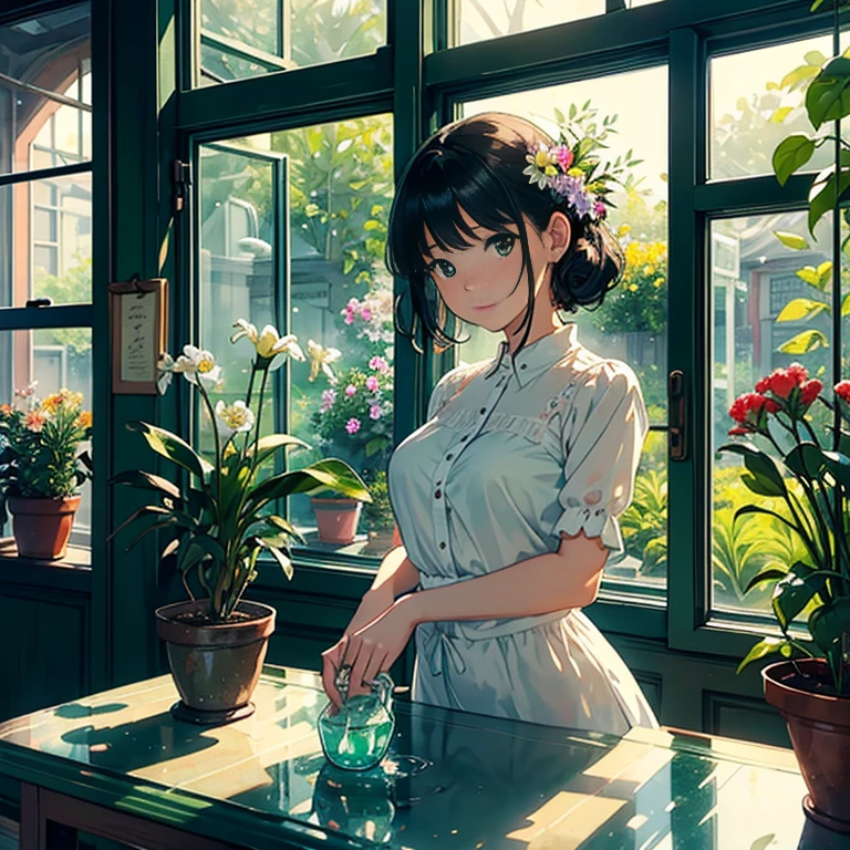 ((Watercolor in Sargent style))、(top-quality、masterpiece)、超A high resolution、high-detail、(David Hamilton Style)、(softfocus)、Soft light、1人の女性、20yr old、((take care of flowers))、((Watering the flower))、classic one piece uniform、A stunning、Short black hair、Bunching hair、Crisp face、cute face、(detailed face depiction)、Detailed eyes、Medium-sized breasts、((Flower Shop))、((The store sells green plants)), The main entrance is glazed., The windows are made of glass, On the window shelves there are potted plants and flowers、Quiet moments、Vintage atmosphere、Fascinating beauty、Lush green environment、Side table、Flowers on the windowsill、teapot、florals、houseplant、