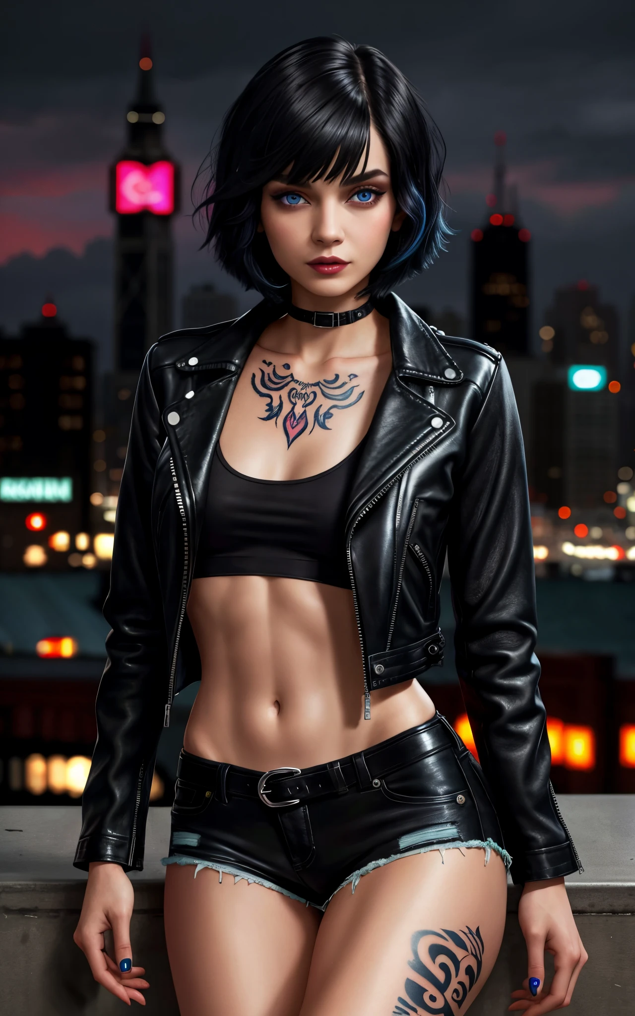 Beautiful 25 year old woman, black hair, Bob cut, blue eyes, sightly muscled, messy hair, tattooed neck, leather jacket, San Francisco in the background, kinky, evil aura, night,