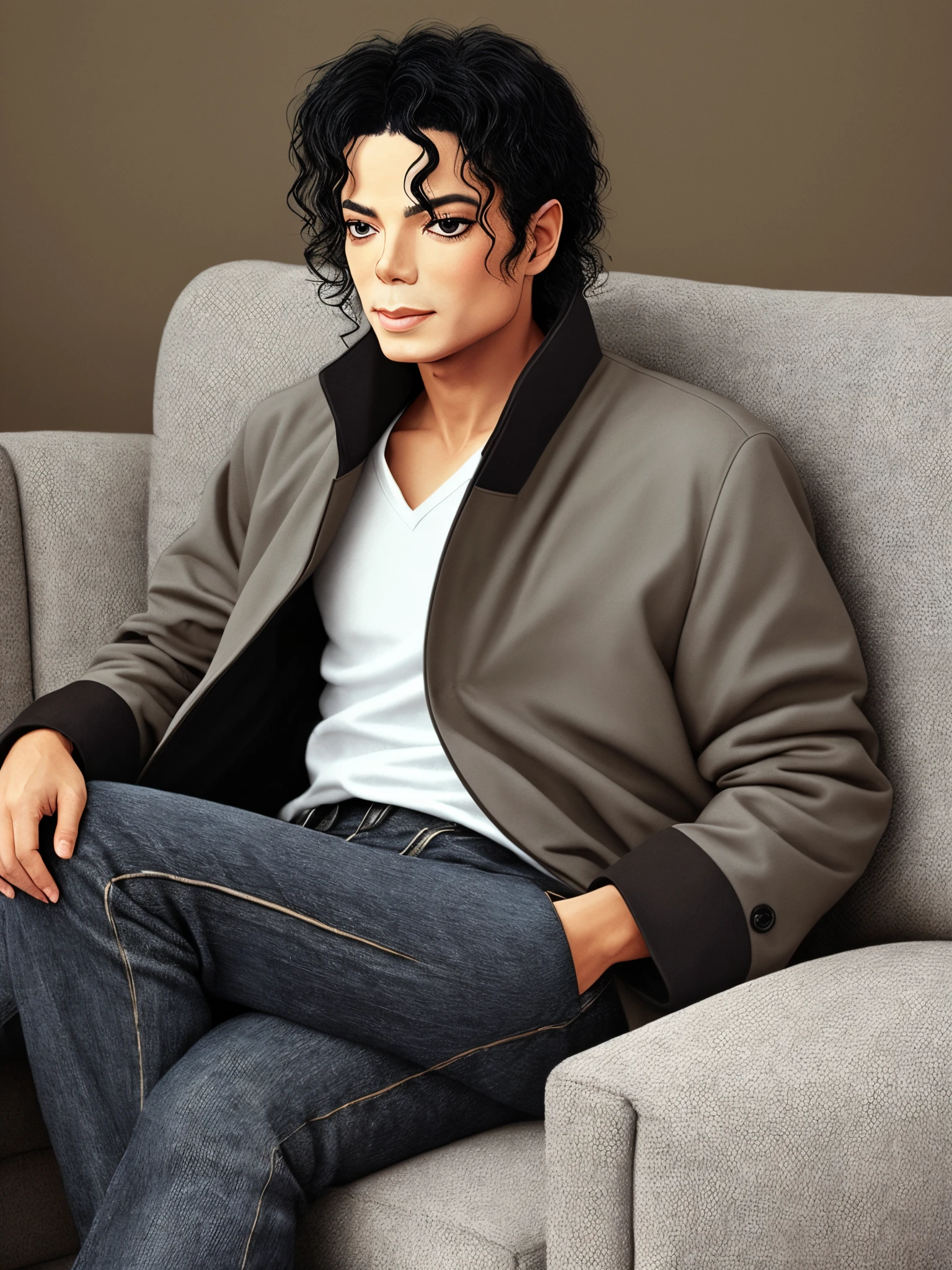 Michael jackson hyperrealistic whit coat sitting on couch