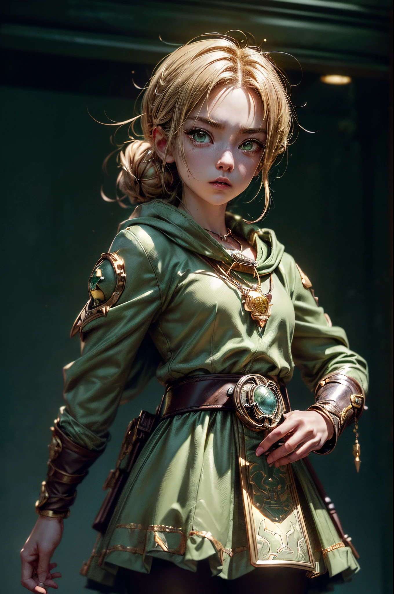 ((Professional Chrono Trigger conceptual art design by Akira Toryiama, Yoshitaka Amano)), ((Frog is a legendary middle ages hero, have a frog face and green skin, bright yellow frog eyes)), ((with a badass expression wears a khaki cape with leather armor, carries a small coin purse on the belt)), ((uses the legendary Masamune broadsword and a golden shield)), ((wears a gold hero amulet on the neck)), ((hypermaximalist details, elegant complex quantic precision, professional color grade)), ((professional studio post processing trending at artstation, moody lighting, natural shadows, lumen reflections, global ilumination)), ((Ultra detailed award winner dripping oily glitching freak masterpiece, HDR, upscaled 32K ultra HD absurdres masterpiece)) --hq --sr --8k --dslr --gigapixel --raw