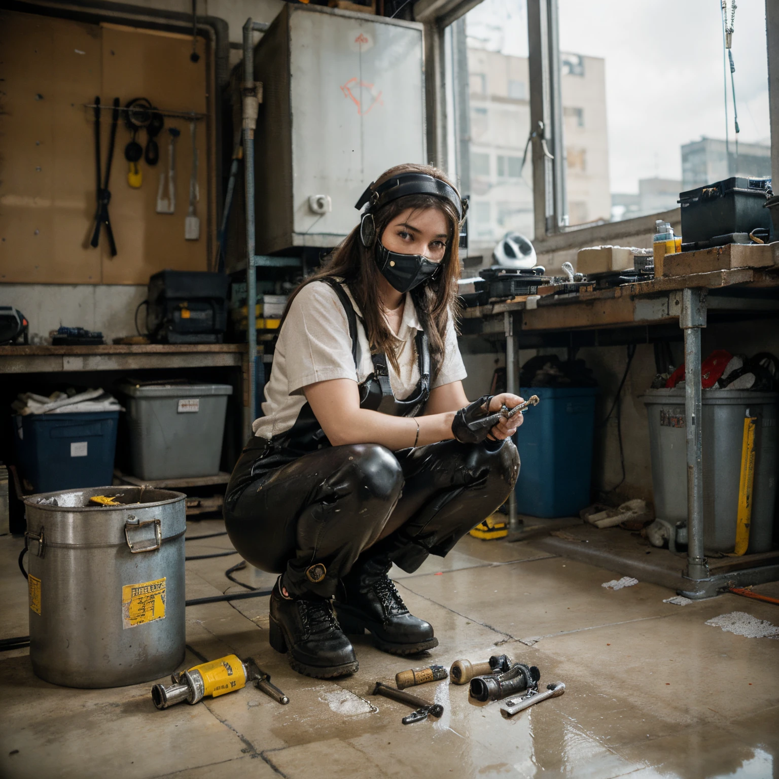 masterpiece, best quality, ultra-detailed, illustration, 1girl, solo, shiny, reflective, latex, work suit, voluptuous, body, squatting, detailed, work shoes, messy, workshop, industrial, high heels, black, red, silver, metallic, gloves, goggles, protective, equipment, machinery, tools, sparks, dirt, grime, oil, stains, sweat, exhaust, pipes, gauges, dials, buttons, levers, cables, wires, hydraulic, systems, hydraulic press, crane, pulley, welding, torch, grinder, drill, saw, hammer, screwdriver, wrench, pliers, spanner, toolbox, fire extinguisher, first aid kit, ventilation, ducts, light fixtures, emergency exit, warning signs, caution tape, posters, calendar, coffee mug, dirty, workbench, storage, shelves, bins, lockers, hard hat, safety vest, ear muffs, face shield, respirator, smoke, fumes, debris, concrete floor, concrete walls, metal beams, rivets, bolts, screws, nuts, washers, chains, ropes, hooks, clamps, magnets, bearings, lubricants, fluids, solvents, adhesives, lubrication, maintenance, repair, overhaul, upgrade, installation, assembly, fabrication, customization, prototype, research, development, testing, quality control, inspection, certification, compliance, regulation, standard, efficiency, productivity, innovation, excellence, satisfaction, teamwork, dedication, professionalism, empowerment, diversity, equality, respect, safety culture, industrial fashion, sci-fi, cyberpunk, dystopian