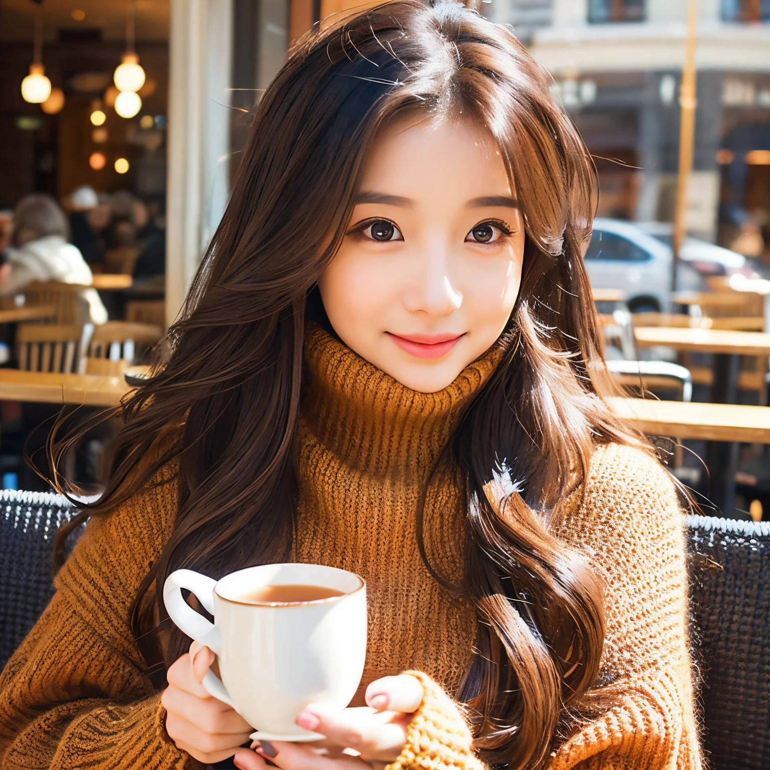 Cute beauty、Fluffy long hair、knitted sweater、The eyes are big and the mouth is a little big.、Tea at a café
