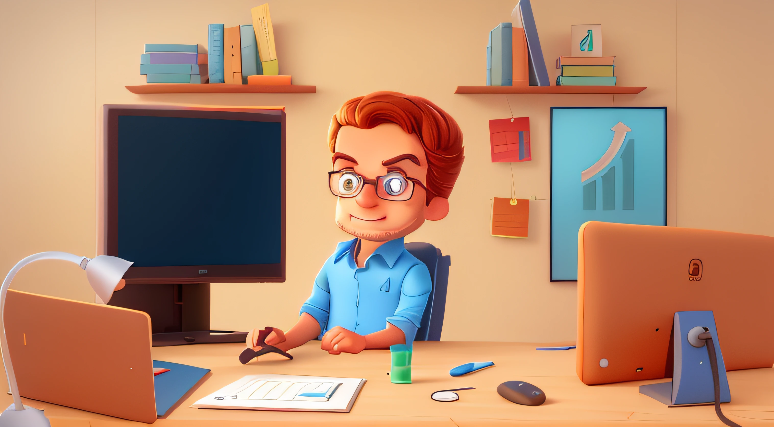 desenho animado de um homem sentado em uma mesa com um computador e um monitor, corporate animation style, professional illustration, in cartoon style, professional illustration, arte dos desenhos animados, Cartoon style illustration, detailed 2d illustration, toon rendering, 2d illustration, 2d illustration, commercial illustration, sentado em sua mesa, animation style rendering, video animation, estilo caricatura, disney animation style