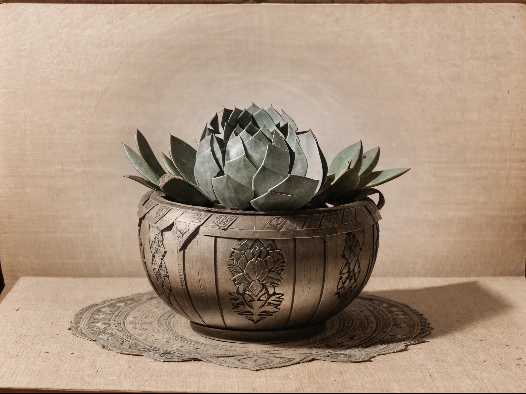 antique engraving of a succulent, Old, 9th century era, Calm tones, x-ray, Kraft Paper, graphite, 3d