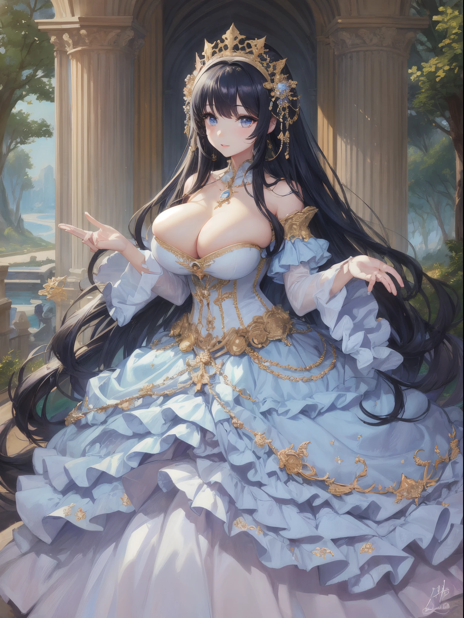 ultra-detailed, extremely detailed,((anime artstyle)),Masterpiece,(Best Quality),(Super Detail),(Very Delicate and Beautiful),((Solo)),((full body)),full body,((detailed face and eyes)),perfect eyes, rendered eyes,jewel-like beautiful eyes,((1 princess in beautiful embroidery and jeweled gorgeous rococo ballgown with frilled voluminous full length hoop skirt)),((Crinoline)),beautiful embroidery and jeweled gorgeous rococo ballgown with frilled voluminous full length hoop skirt,(large amount of straight hair,extremely voluminous Very Long straight Hair,Absolutely Long Straight Hair),sparkly skin,(((very gigantic boobs))),Bursting breasts,cleavage,(fantasy castle,outdoors,outside the castle),long_gloves,extremely gorgeousfull jeweled hair ornament,(bling-bling extremely gorgeousfull jeweled tiara),(luxurious jewelry),full body,beautiful embroidery and jeweled gorgeous rococo ballgown with frilled voluminous full length hoop skirt