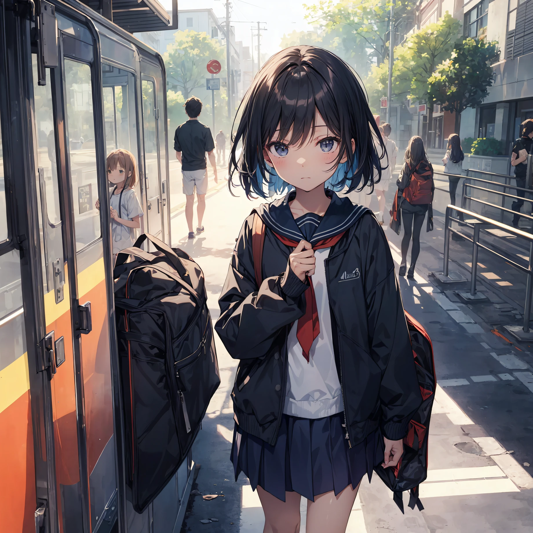 God quality, anime moe artstyle,best anime 8k konachan wallpaper,badass anime 8k,perfect anatomy, (Please draw a girl walking sleepily to school. ),break, 1girl, (Solo,Loli,child,13-year-old:1.3),a junior high school student, androgynous charm, (Very Short hair), Full limbs, complete fingers,flat chest, Small butt, groin, Small eyes,finely detailed beautiful black eyes,disgusted eyes, school Uniform, in the School commute route. break,ultra-detailed,high resolution,super detailed skin, professional lighting,8k eye details, (cool illustration:1.2),