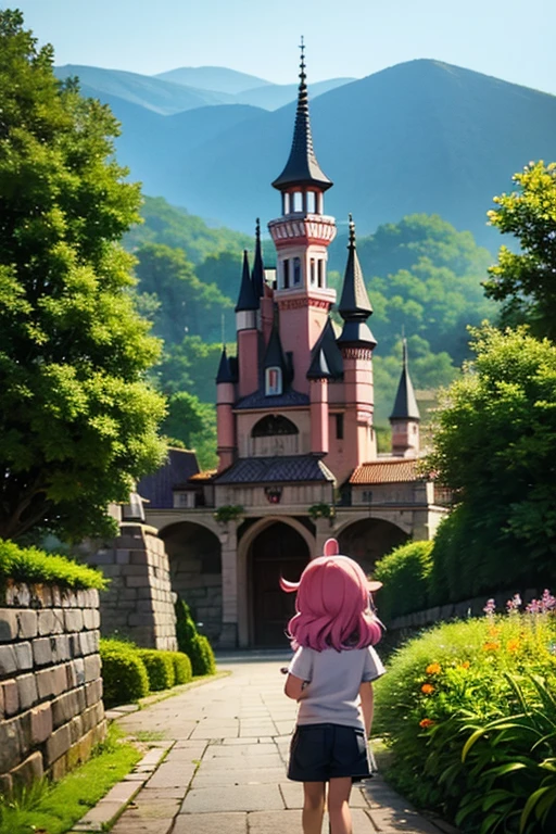 Two pink haired boys with violet eyes are playing in a castle