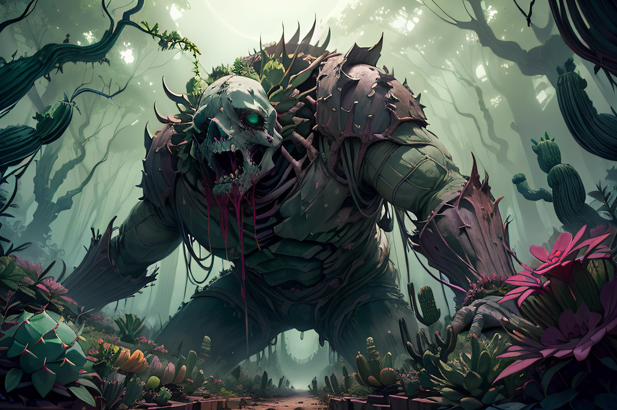 masterpiece, super detail, best quality, colossal monster, (succulents),  in the forest, undead forest