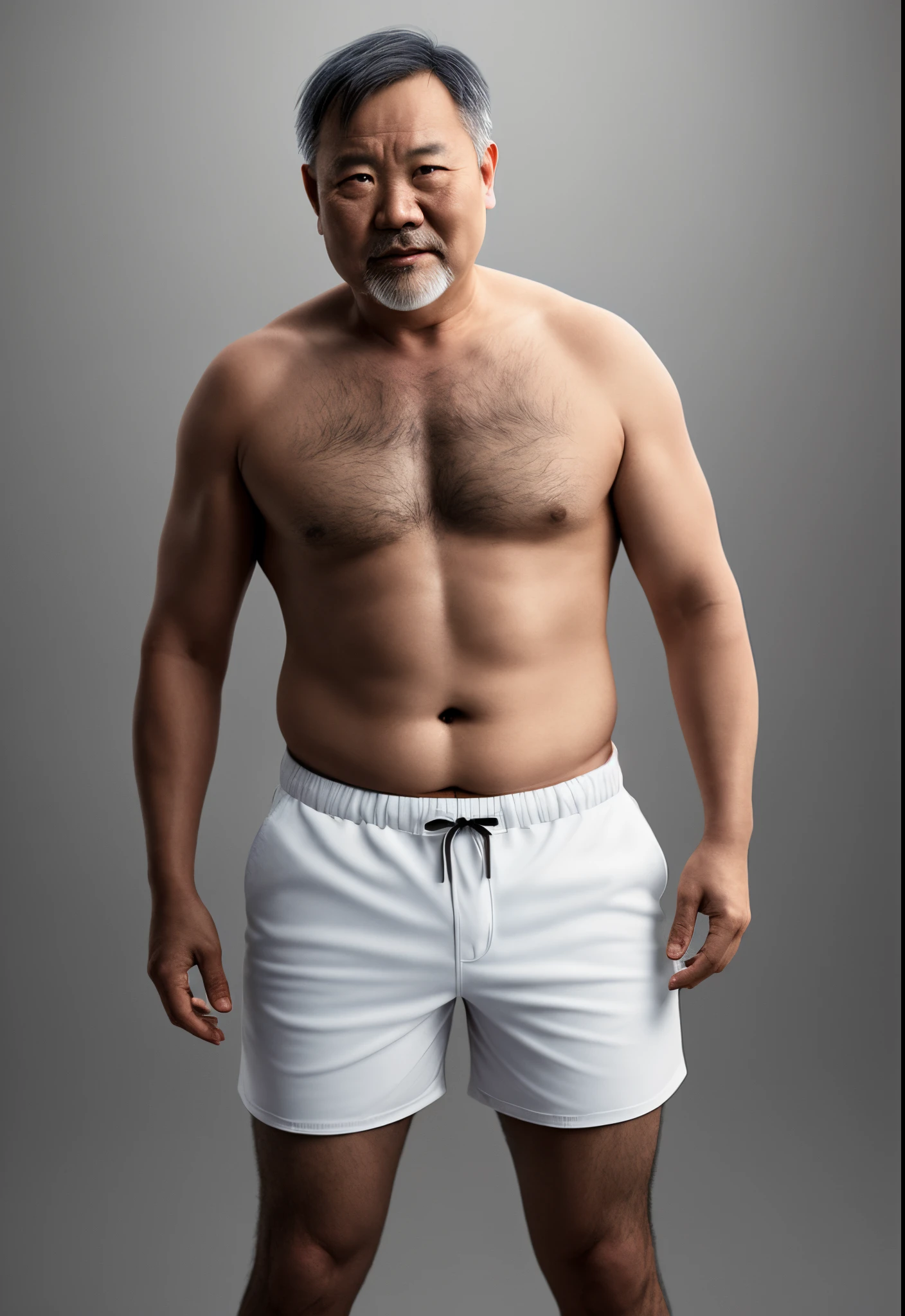 a realistic photo illustration object with full body a 50-year-old man, Chinese, chubby, buzzcut, facial hair, shirtless, hairy body, white shorts, standing. The object is on white color cut-off background, front view, flat color of background., studio lighting, High contrast, balance object focus 8k