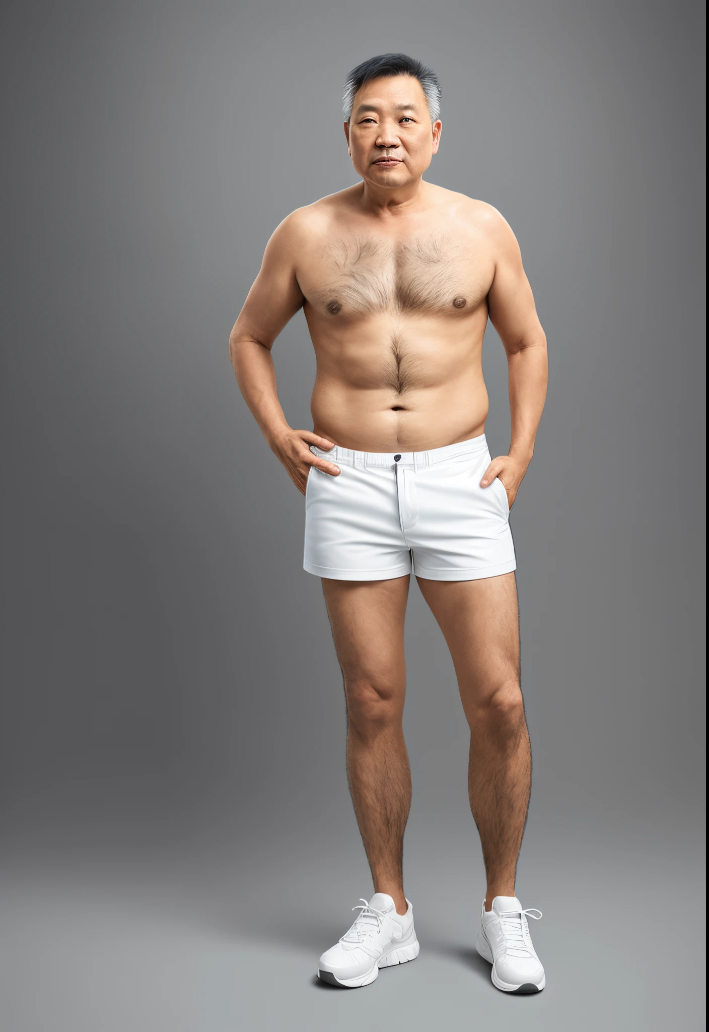 a realistic photo illustration object with full body a 50-year-old man, Chinese, chubby, buzzcut, facial hair, shirtless, hairy body, white shorts, standing. The object is on white color cut-off background, front view, flat color of background., studio lighting, High contrast, balance object focus 8k