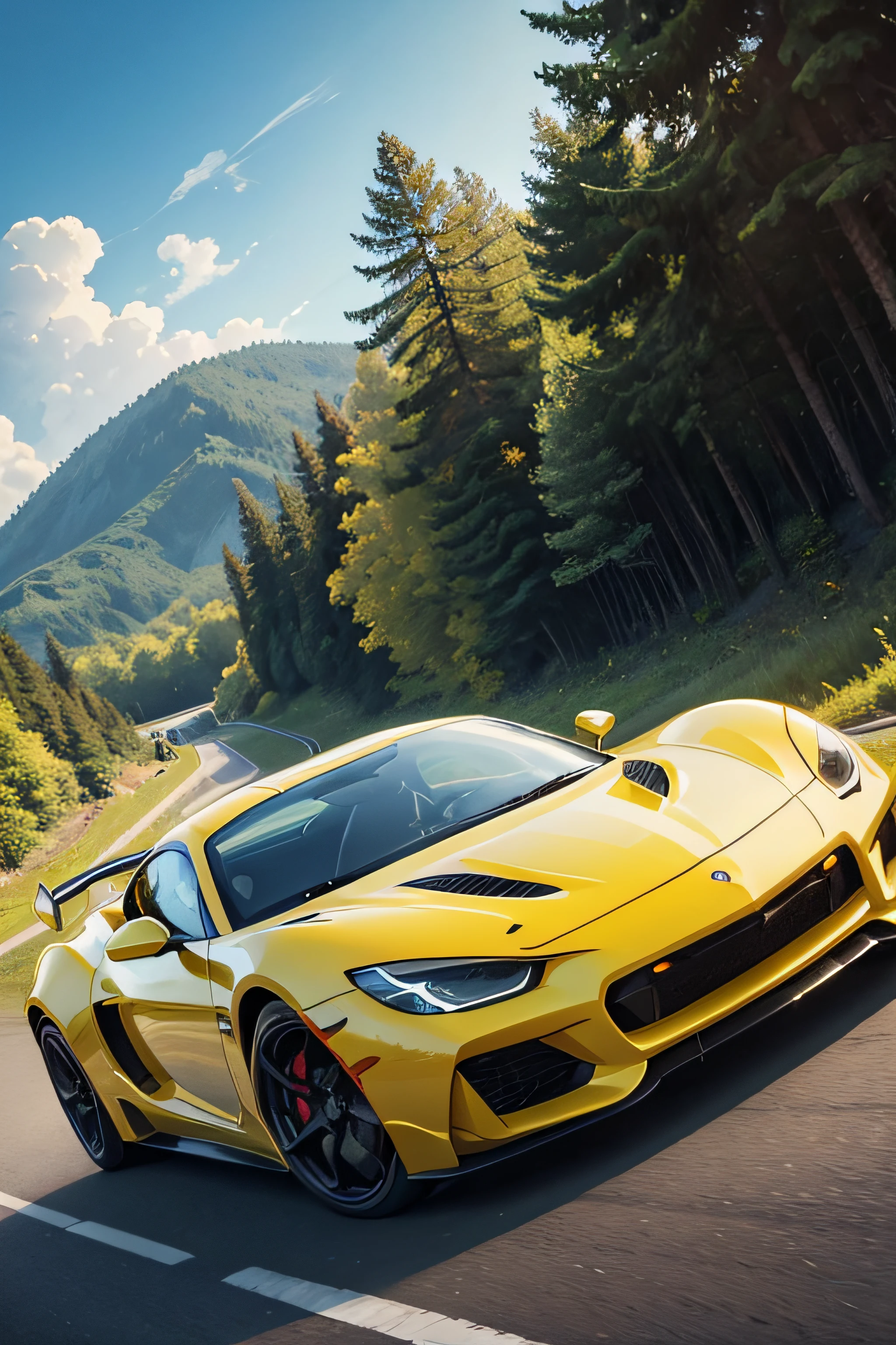 a close up of a single yellow sports car driving on a road, sport car, detailed game art illustration,mobile game art, striking detailed artstyle, full view of a sport car, nature and forest in background, blue sky, fast paced, wind lines, red sport car chasing the yellow one, no copyright