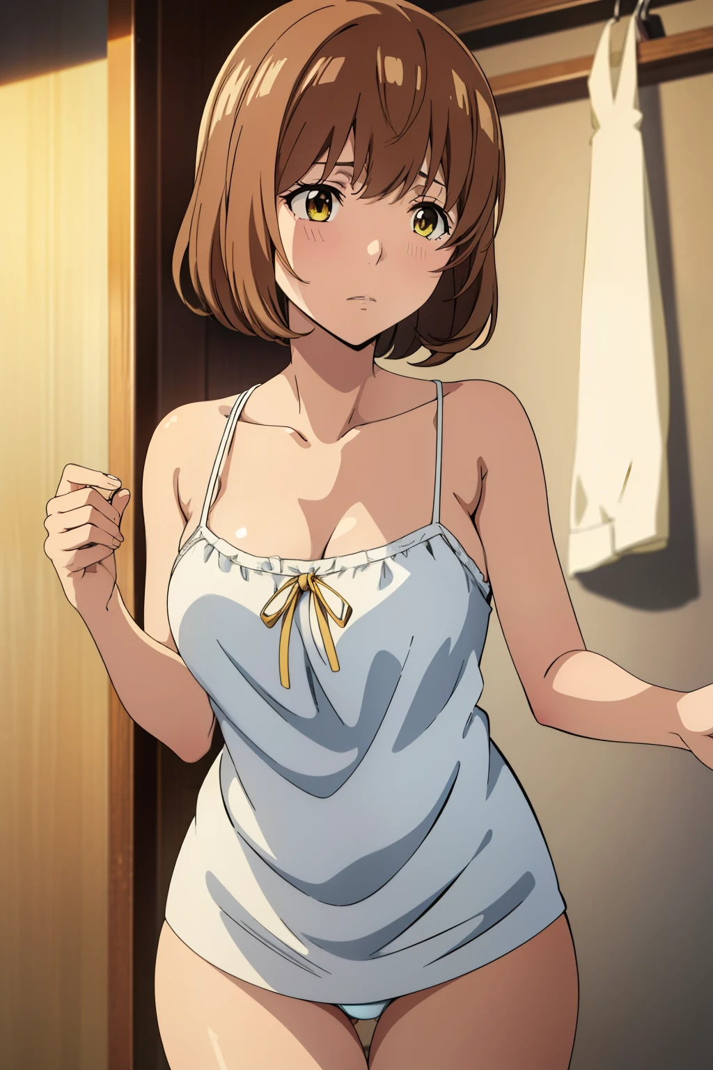 Best Quality, masutepiece, Brown hair, Yellow eyes, Yuriko Aoki, Stand in the changing room, Embarrassed look, Long oversized breasts, camisole, Roll up the camisole by hand:1.5, White Micro Bikini, Thin fabric, The upper part of the body, Close-up on the chest