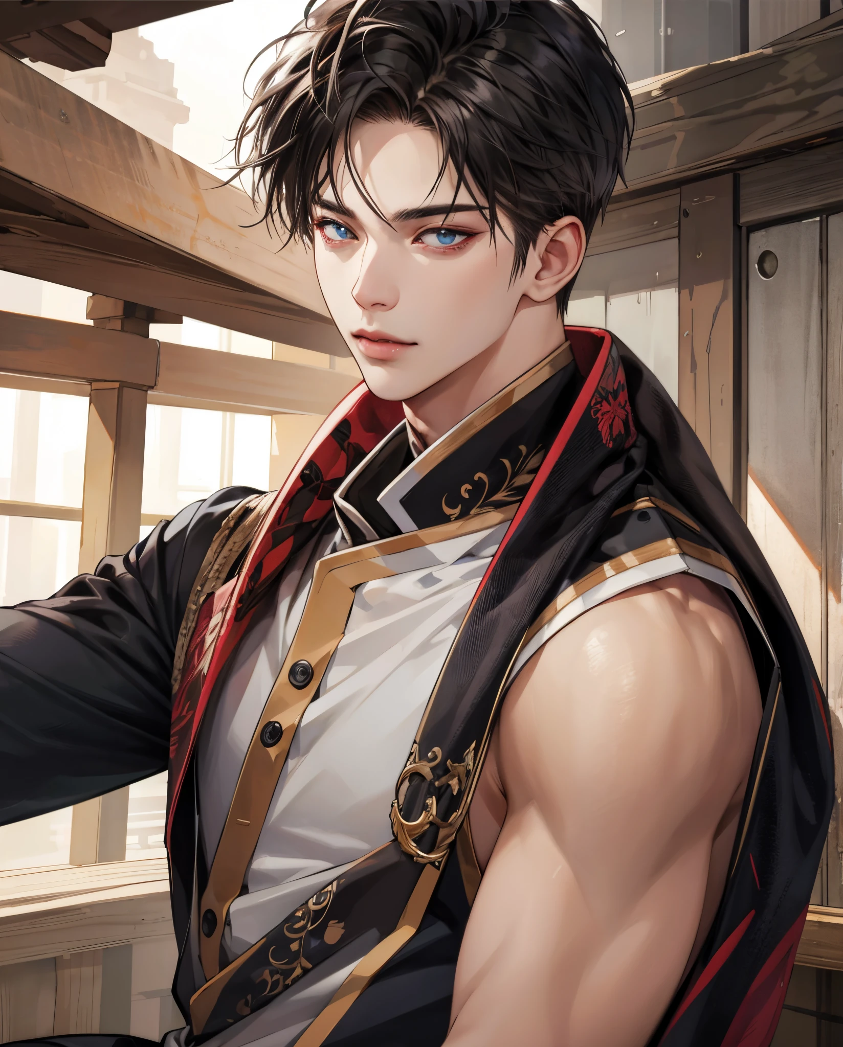 short fuzzy black hair, handsome rogueish male, pronounced jawline, dressed in a slavic tunic, supine pose