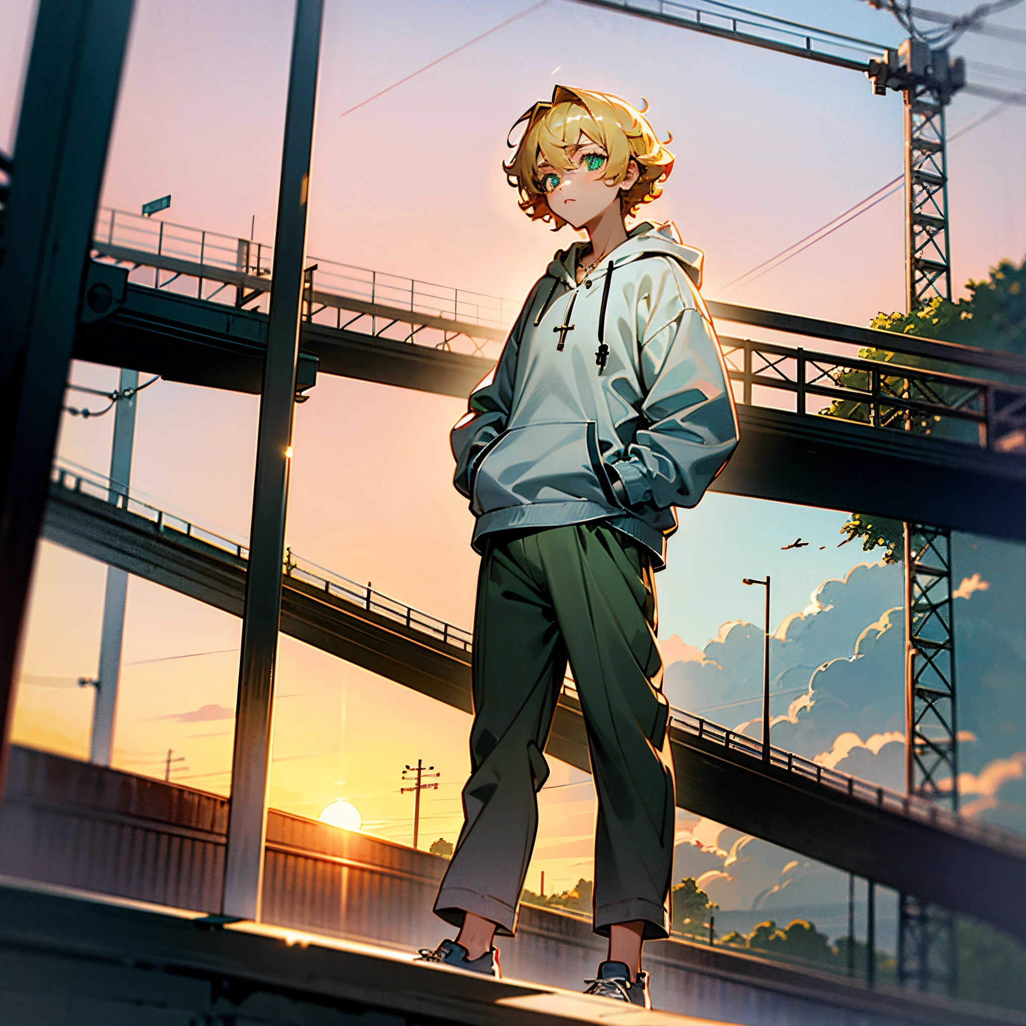 Masterpiece, high quality, a teenager, blond hair, short curly hair, green pupils, cross necklace, white open-front hoodie, grey cotton casual trousers, high-top canvas shoes, hands in pockets, train, bridge, river, sunset.