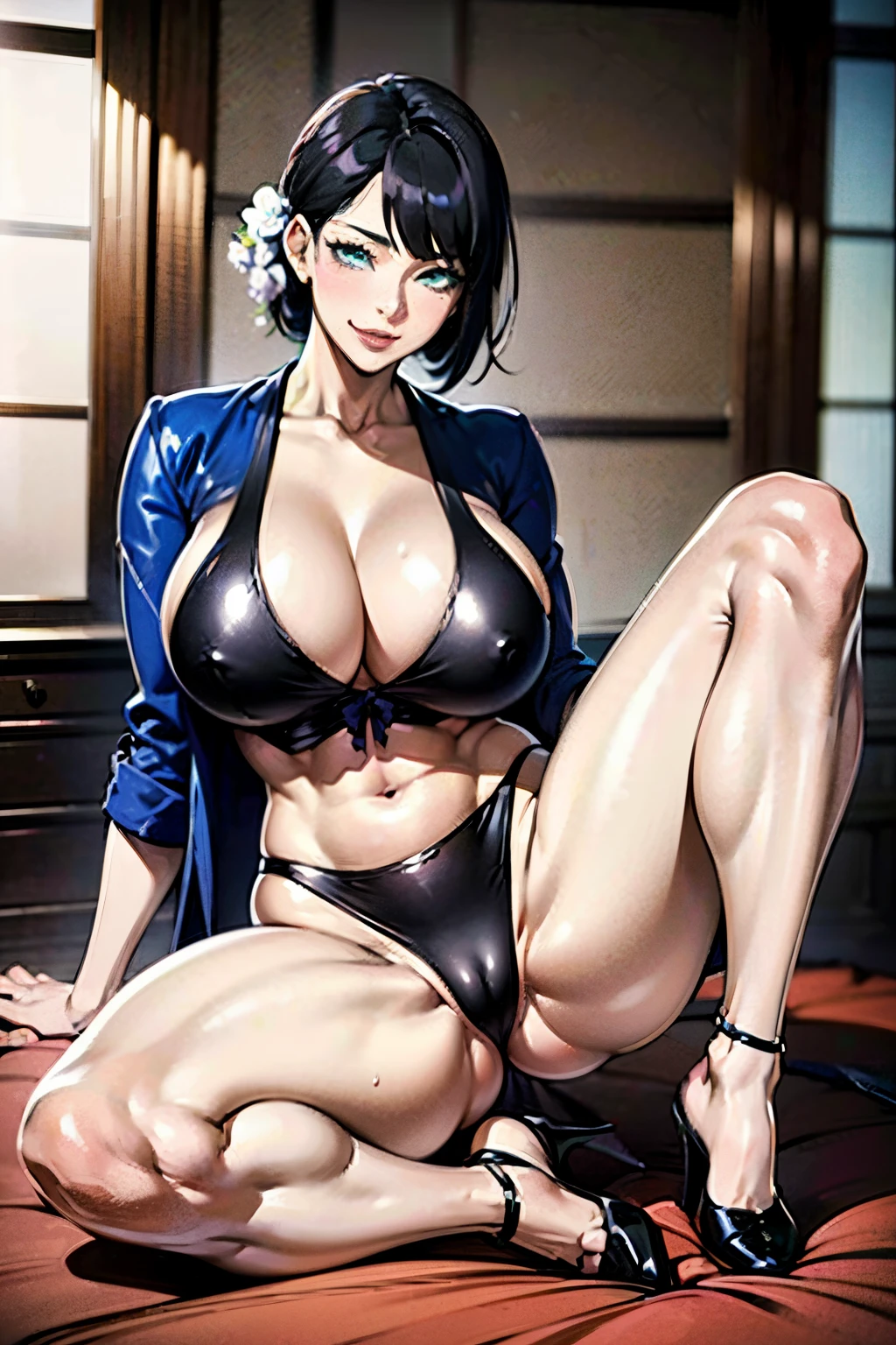 a ，ssmile, looking at viewert, （A sagging breast，enchanting body：1.2）black hair color hair：1.1，full body1:1，pretty legs，seminude，Beautiful and seductive anime woman, seductive anime girls，squatt，spread their legs。