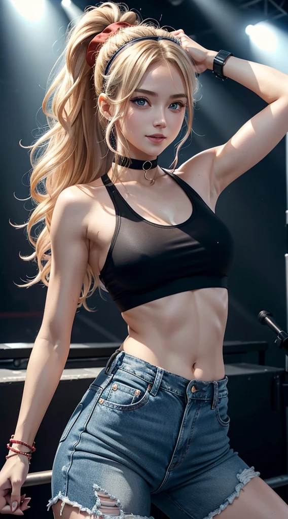 A 23-year-old white woman with unparalleled beauty.、blue eyess、dark blonde、hair is wavy、Longhaire、wears a red headband on his head、The ends of the hair are curled upwards、Dancing on stage at a music festival while dripping with sweat、a smile、View from the front、She is wearing a black sports bra made by a sports manufacturer.、wearing a black choker、I&#39;m wearing hot pants made of jeans fabric with tight distressing.、The navel is out、My abs are cracked、Slender yet well-proportioned body、sunlight is shining from above、Photorealistic images、8K picture quality、I&#39;m punching my chest、I don&#39;t want my head to disappear from the screen.、The color of the jacket is random、I&#39;m wrapping my jacket around my waist、I'm pulling my hair up、Wearing accessories on your wrist、Only one leg is wearing thigh-high orange stockings.、wearing pink nail polish、wearing a baseball cap