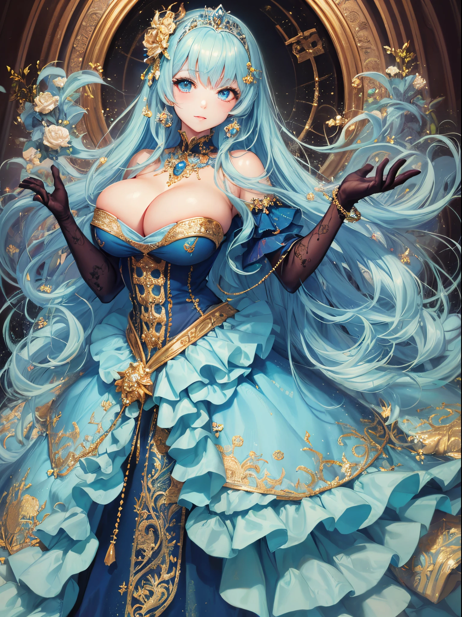 ultra-detailed, extremely detailed,((anime artstyle)),Masterpiece,(Best Quality),(Super Detail),(Very Delicate and Beautiful),((Solo)),((full body)),full body,((detailed face and eyes)),perfect eyes, rendered eyes,jewel-like beautiful eyes,((1 princess in beautiful embroidery and jeweled gorgeous rococo ballgown with frilled voluminous full length hoop skirt)),((Crinoline)),beautiful embroidery and jeweled gorgeous rococo ballgown with frilled voluminous full length hoop skirt,(large amount of straight hair,extremely voluminous Very Long straight Hair,Absolutely Long Straight Hair),sparkly skin,(((very gigantic boobs))),Bursting breasts,cleavage,(fantasy castle,outdoors,outside the castle),long_gloves,extremely gorgeousfull jeweled hair ornament,(bling-bling extremely gorgeousfull jeweled tiara),(luxurious jewelry),full body,beautiful embroidery and jeweled gorgeous rococo ballgown with frilled voluminous full length hoop skirt