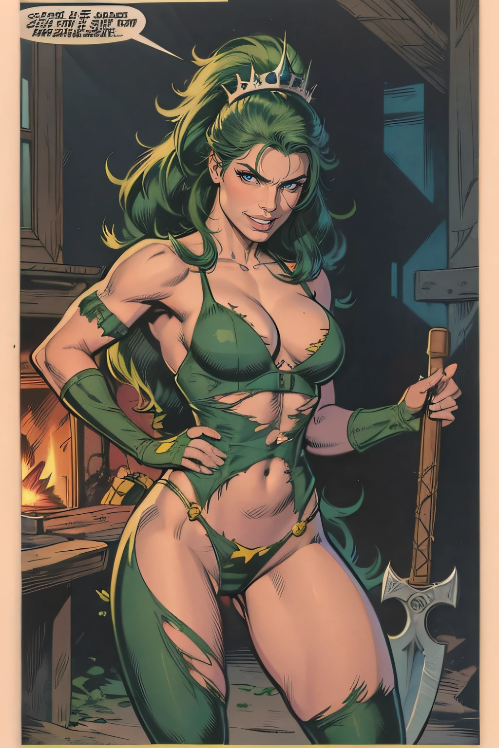 1girl, long hair, gloves, holding, weapon, comic, green hair, teeth, fingerless gloves, torn clothes, 4koma, parody, tiara, angry, axe, holding axe,