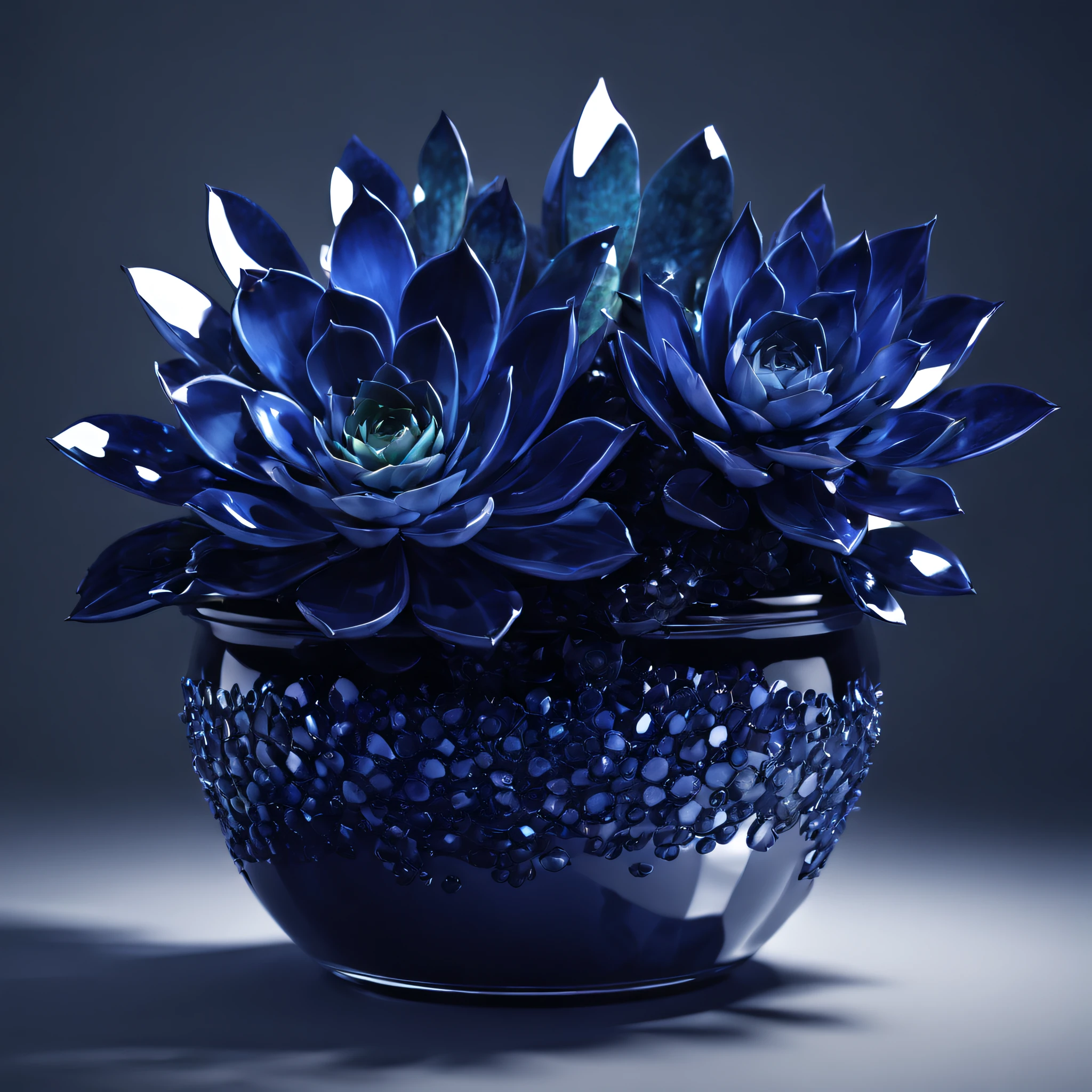 A pot of sapphire succulents,crystal texture,glittery,Meticulously detailed leaves and stems,Translucent effect,reflections and refractions,Smooth surface,Artistic lighting,studio setup,Perfectly balanced composition,stunningly beautiful,Striking center,(best quality,highres:1.2),realistic,3D-rendered,
