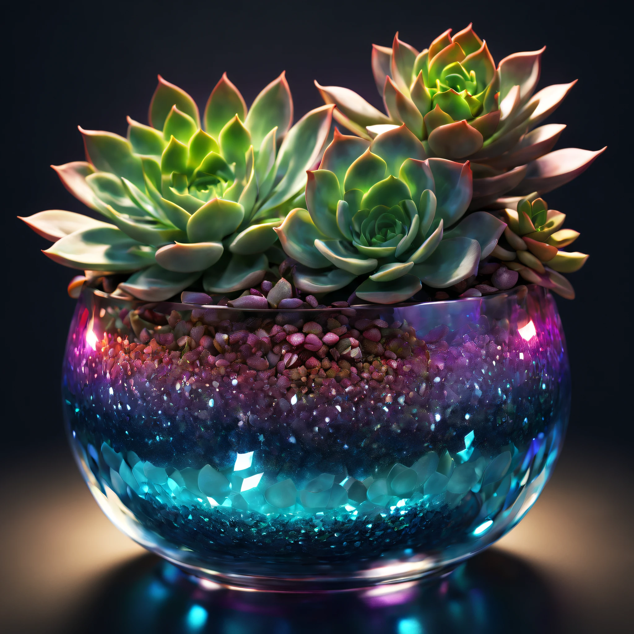 A pot of succulents，brilliant colorful，glittery，Translucent effect，crystal texture，reflections and refractions，Smooth surface，Artistic lighting，studio setup，Perfectly balanced composition，stunningly beautiful，Striking center,(best quality,highres:1.2),realistic,3D-rendered,