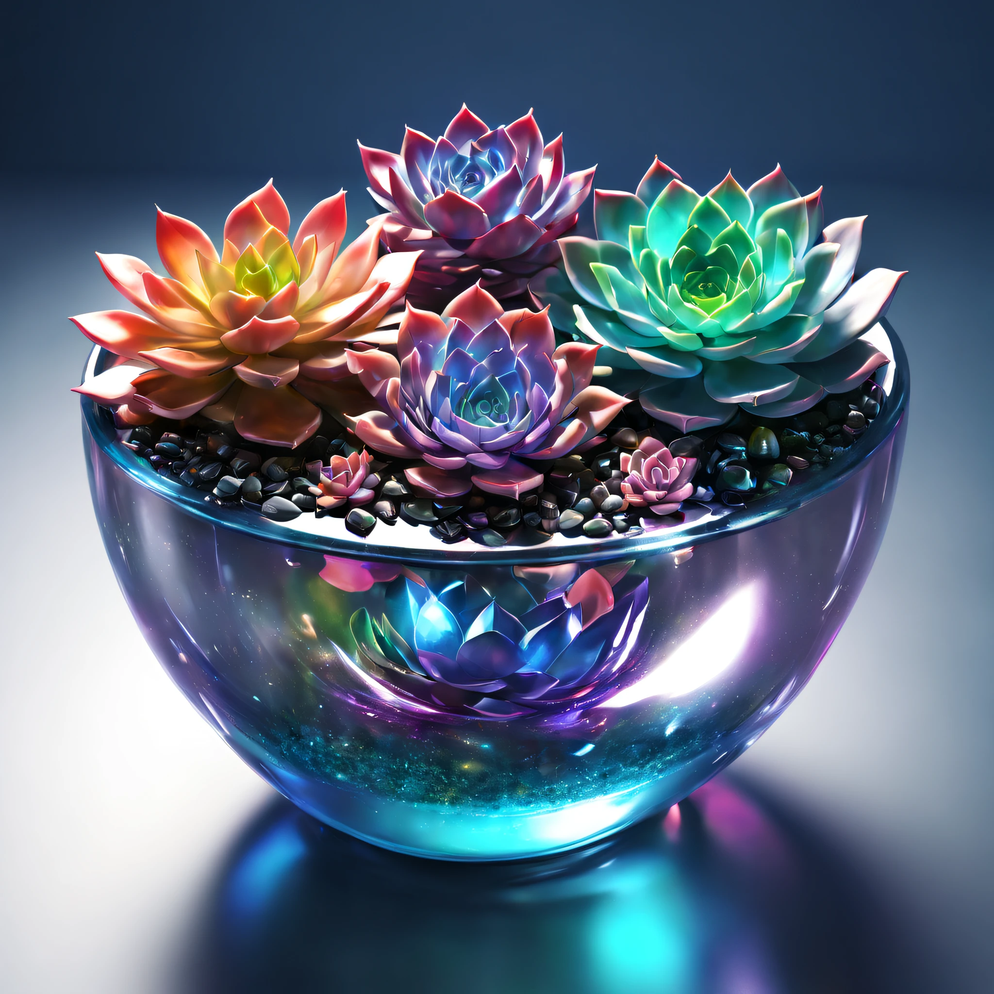 A pot of gem succulents,brilliant colorful,glittery,Translucent effect,crystal texture,reflections and refractions,Smooth surface,Artistic lighting,studio setup,Perfectly balanced composition,stunningly beautiful,Striking center,(best quality,highres:1.2),realistic,3D-rendered,