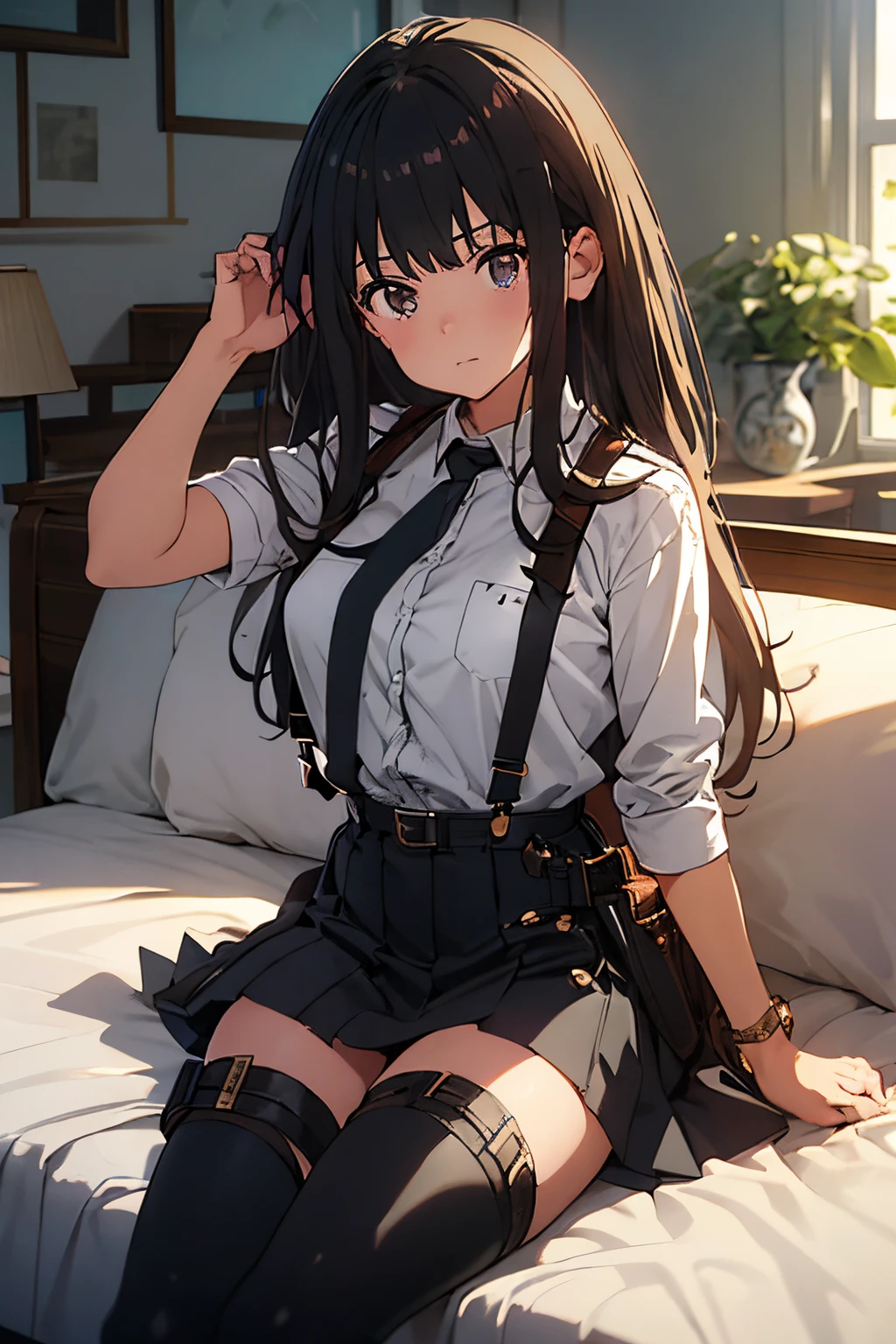 Brown hair、watching at viewers black suspenders Bulging big breasts walls: Black miniskirt garters Gaze Small face bangss holster Belt Armament Beautuful Women srestrained hands up Lying in bed Leg holster lying on the bed Gaze black boots panty shot