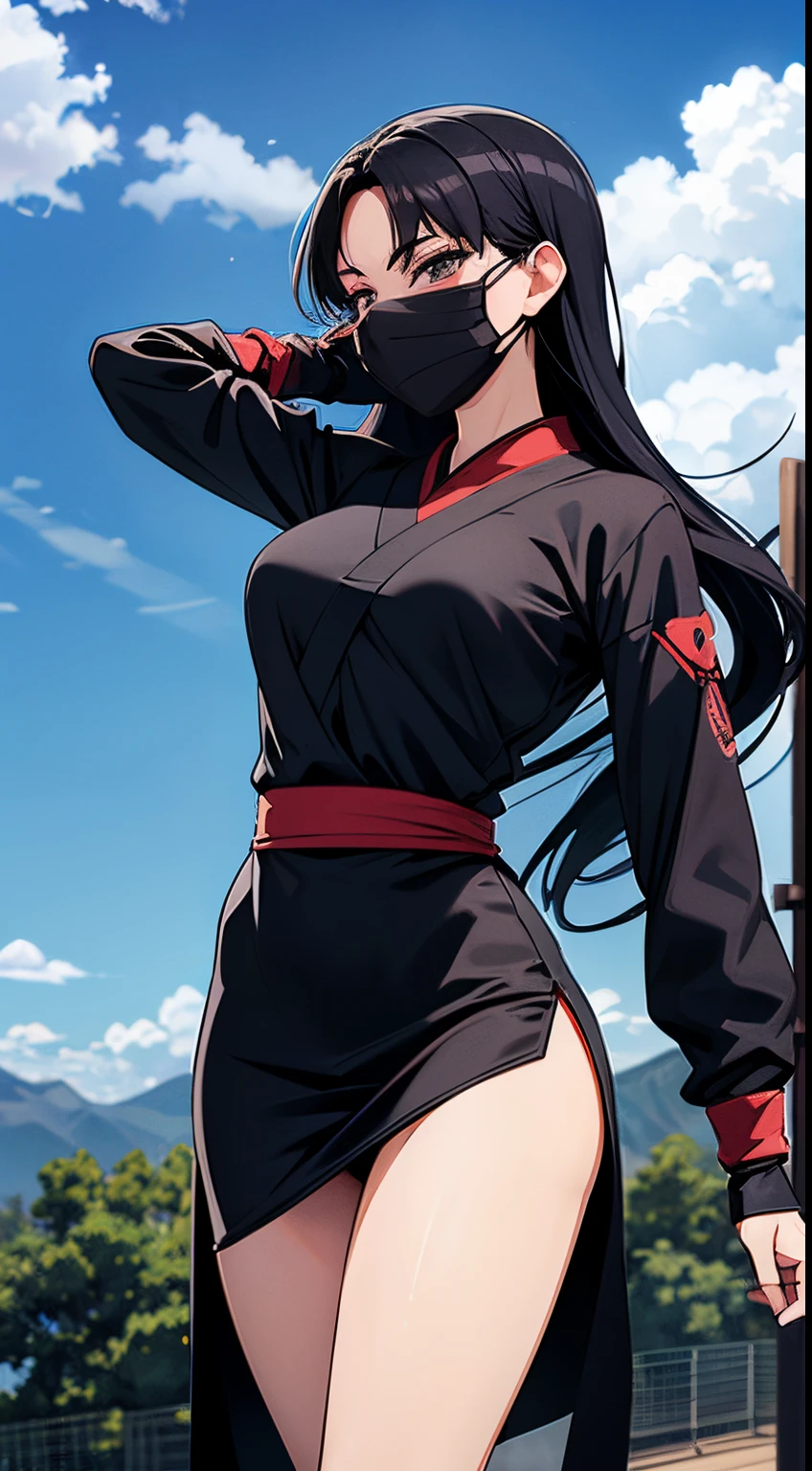 Anime style, ninja dojo in mountain, clouds around, trees, female ninja, mask, long black hair in moviment, ninja sexy dress, training in nunchacko
