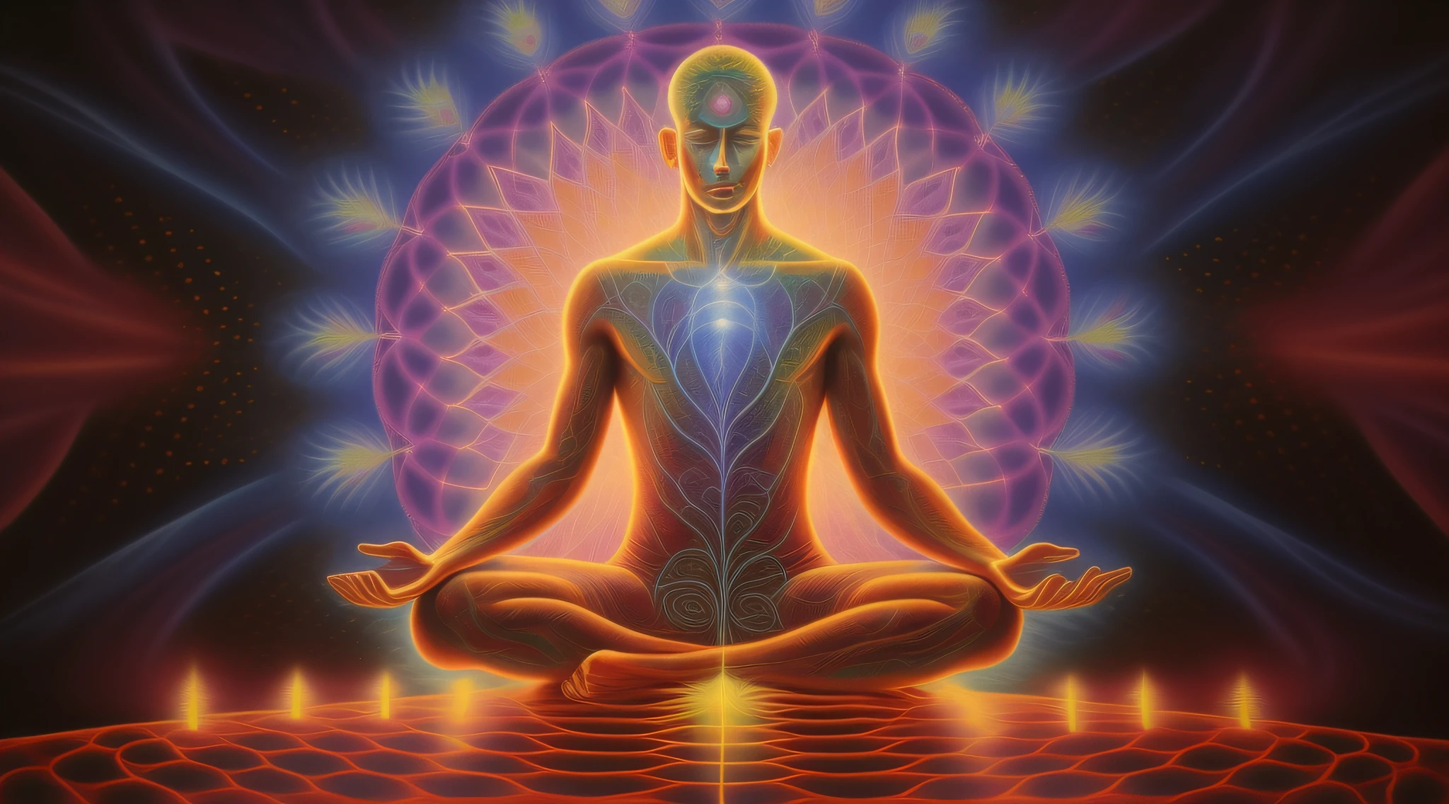 (Best quality, masterpiece), (magic, charm, Wireframe transparent 3d model:1.2, white transparent 3d model of a meditating man:1.2, surrounding aura radiates brilliantly like magic:1.3 , meditating with eyes closed:1.3, (Extremely detailed, dynamic camera), (Wide viewing angle), extremely sharp images, (celestial illumination), (vivid colors and storminess air), shimmering cyber light, dynamic light
