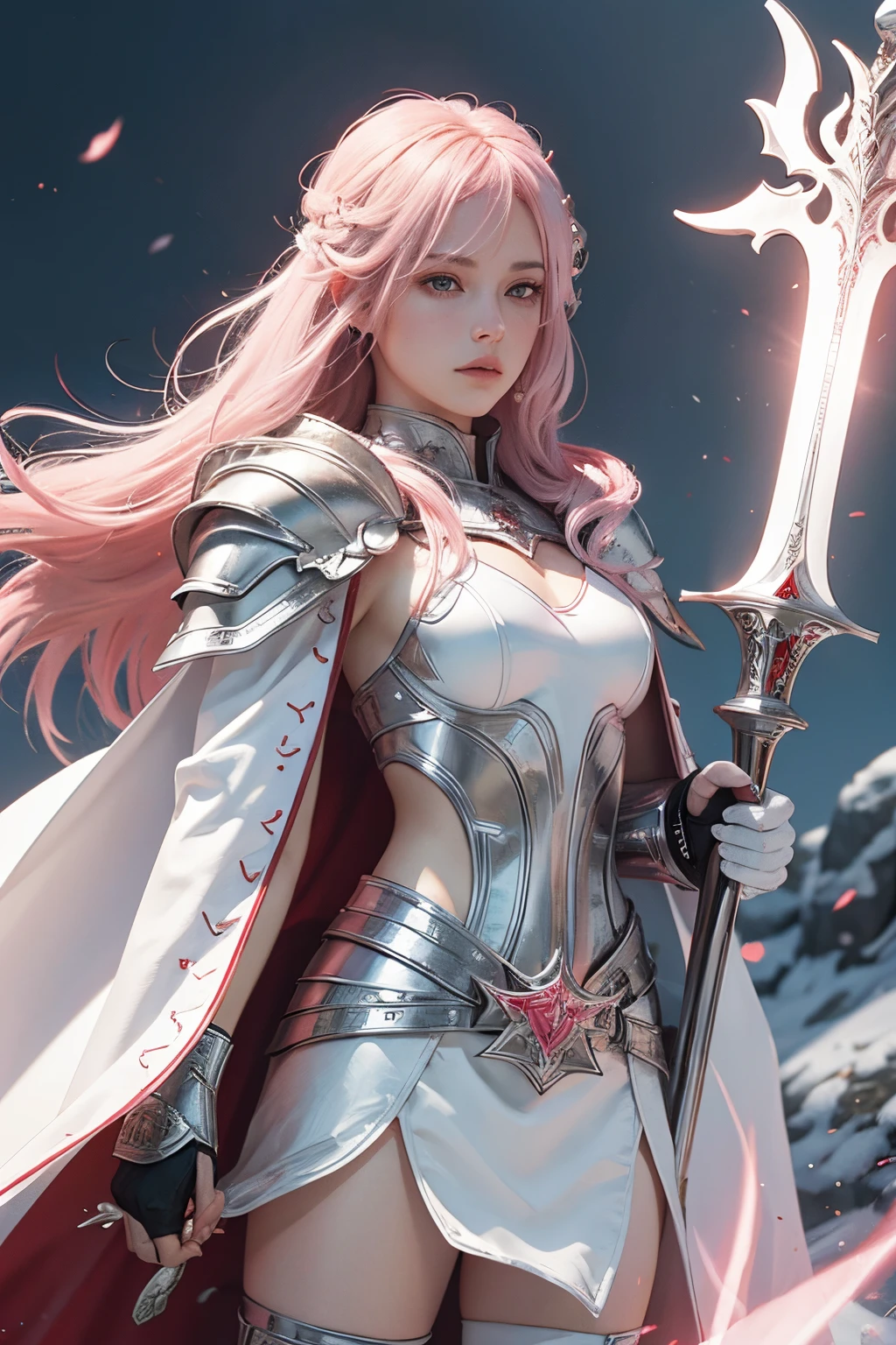 White female warrior with pink hair, White armor with silver. Red cape, Long Sword, Light shining on reflective armor.