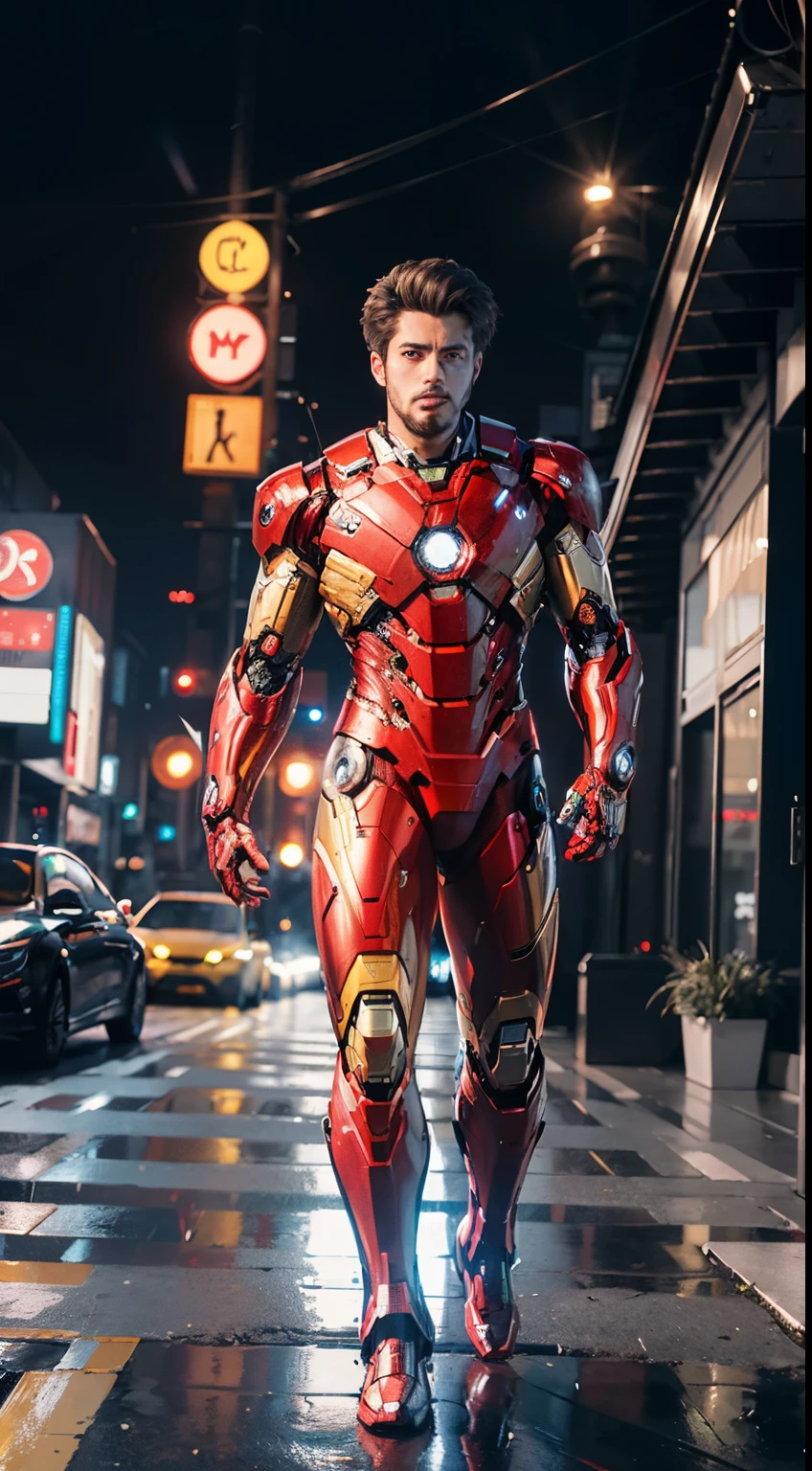 8k Realistic, Attractive, Highly Detailed 20 year old boy, a smart and attractive guy inspired by Iron Man. Wear a shiny Iron Man robot. She dresses with swagger and confidence. It perfectly reflects Iron Man's strength and abilities. In a cyberpunk style city night scene A confident and attractive young man uses Iron Man cosplay as his theme. A boy wearing a shiny Iron Man robot suit stands on a street lined with tall buildings. The lights of the city at night shine brightly. It reflected the boy's machine. Add a sense of futuristic technology The surrounding buildings and streets are filled with cyberpunk elements such as neon lights, high-tech gadgets, and futuristic architectural designs. The entire scene is filled with a futuristic and sci-fi atmosphere. The high definition, high quality images will be incredibly enjoyable to watch. The perfect mix of sexy, futuristic, and sci-fi elements. OC rendering, stunning lighting, award-winning quality, full-size body, smart chassis.