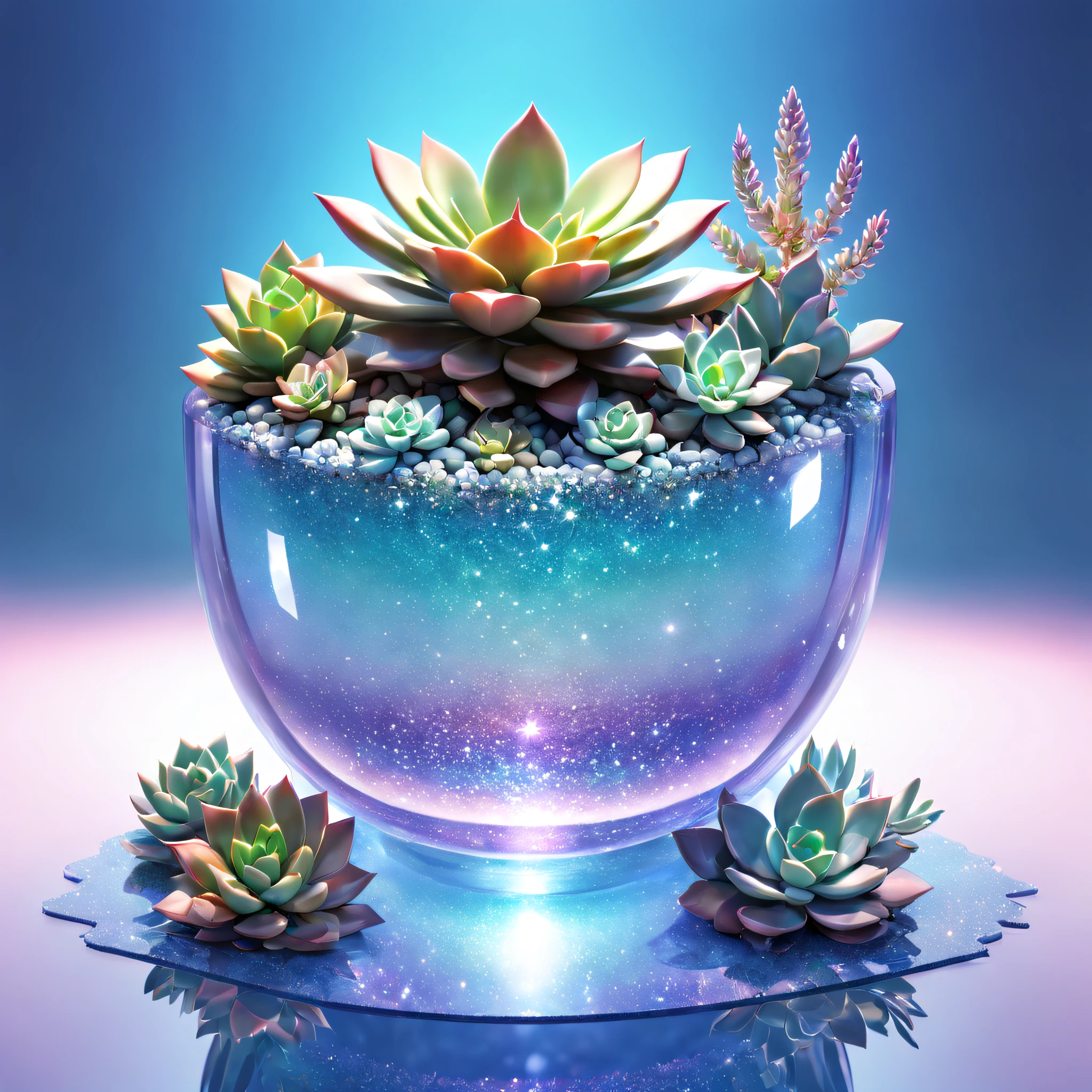 One star sky basin，Succulents，brilliant colorful，glittery，Translucent effect，crystal texture，reflections and refractions，Smooth surface，Artistic lighting，studio setup，Perfectly balanced composition，stunningly beautiful，Striking center,(best quality,highres:1.2),realistic,3D-rendered。
