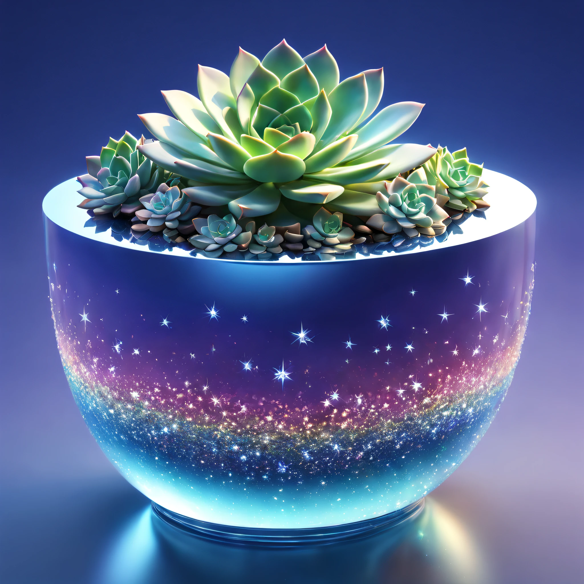 One star sky basin，Succulents，brilliant colorful，Translucent effect，crystal texture，reflections and refractions，Smooth surface，Artistic lighting，studio setup，Perfectly balanced composition，stunningly beautiful，glittery，Striking center,(best quality,highres:1.2),realistic,3D-rendered。