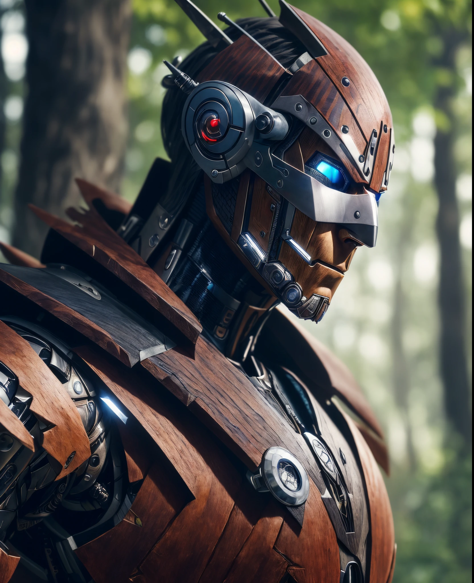 (extremely detailed 8k wallpaper), Close-up ( masked cyborg Wood-man From Marvel dressed in Goth style: 1.3) emerging from the the beautiful nature, nature colours, extremely detailed, volumetric lighting