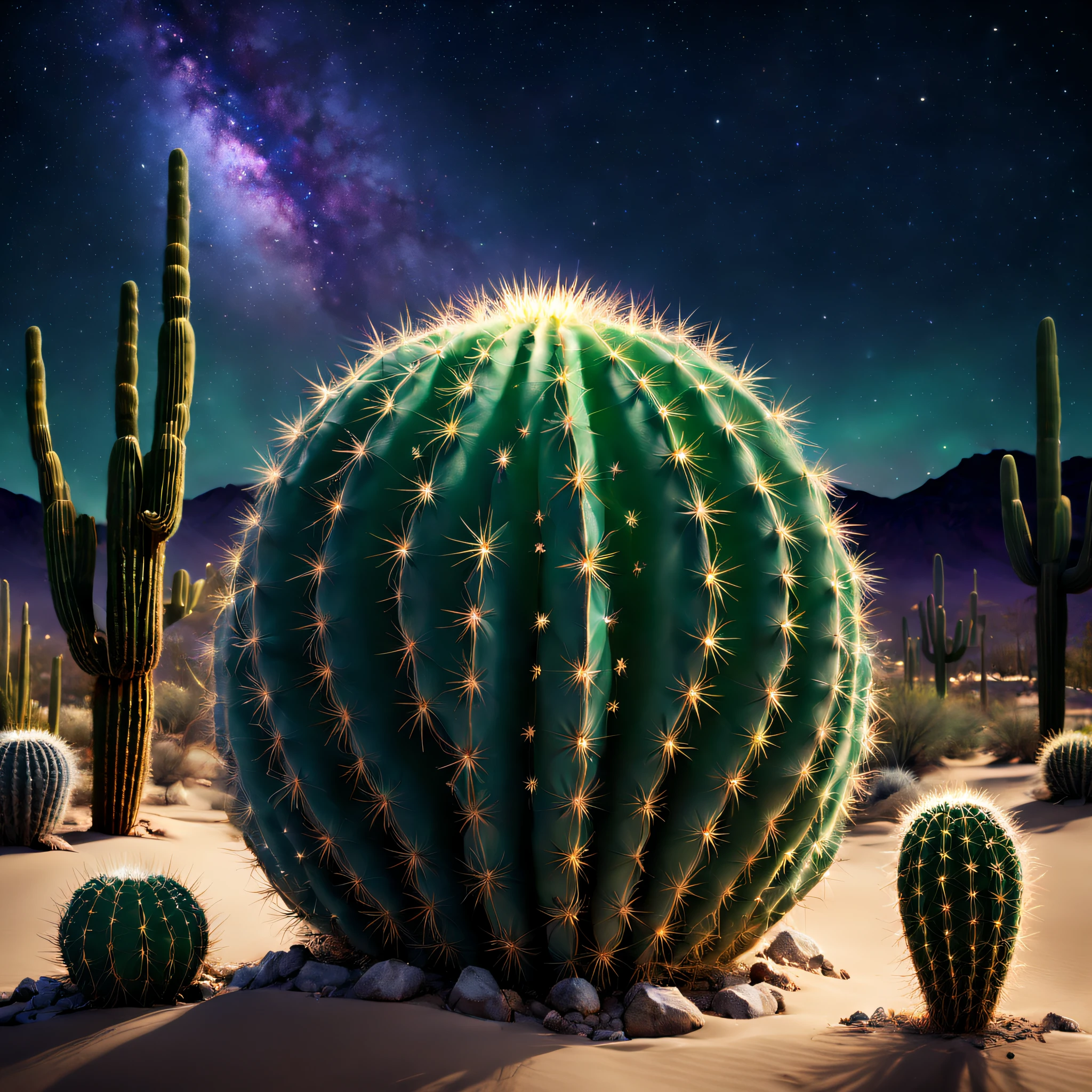 (best quality,highres,masterpiece:1.2),extremely detailed shining emerald green cactus in the desert at night,starlight illuminates the surroundings,vibrant colors,bokeh,enchanted desert landscape,detailed cactus needles,glimmering night sky,serene and mystical ambiance,photo-realistic representation,soft moonlight casting shadows,impeccable detailing on the cactus,unique and alluring desert atmosphere,subtle sand dunes in the background,meticulously textured cactus skin,nighttime desert oasis,fascinating contrast of darkness and illumination,crystal clear silhouette of the cactus against the starry sky,dreamlike desert scenery,pinpricks of light dancing in the distance,mesmerizing shades of blue and purple in the night sky,quiet and tranquil desert setting,placid reflection of the stars on the sand,elusive nocturnal creatures hiding amongst the cactus,ethereal beauty of nature,whispering winds gently caressing the landscape.