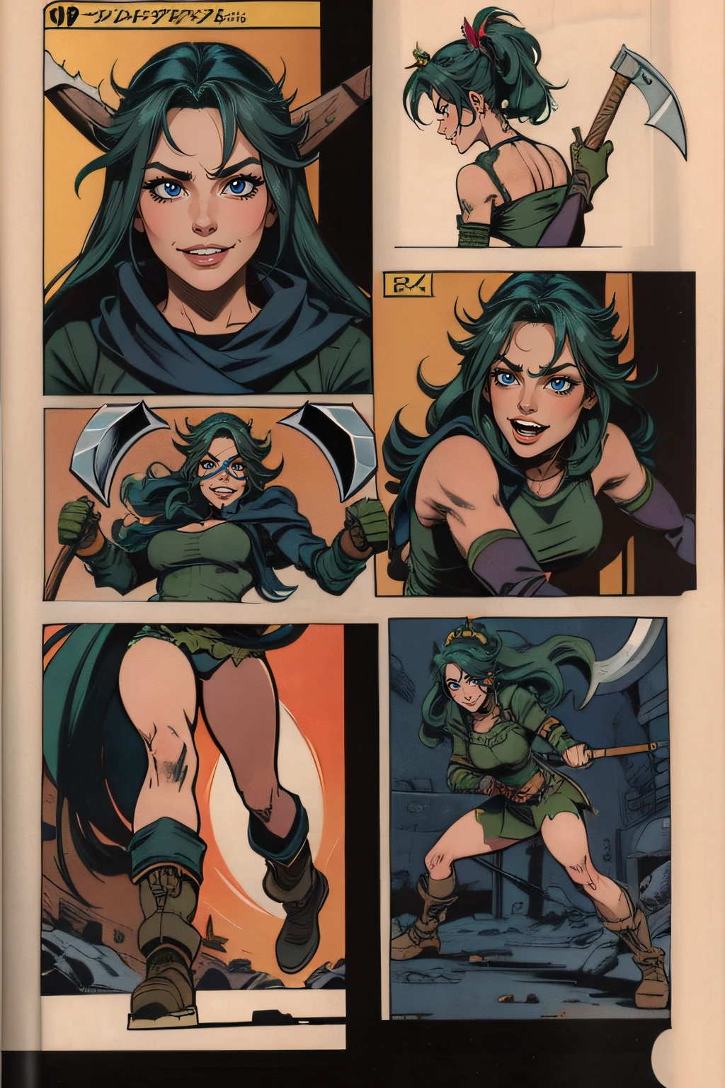 1girl,  long hair,  gloves,  holding,  weapon,  comic,  green hair,  teeth,  fingerless gloves,  torn clothes,  4koma,  parody,  tiara,  angry,  axe,  holding axe,