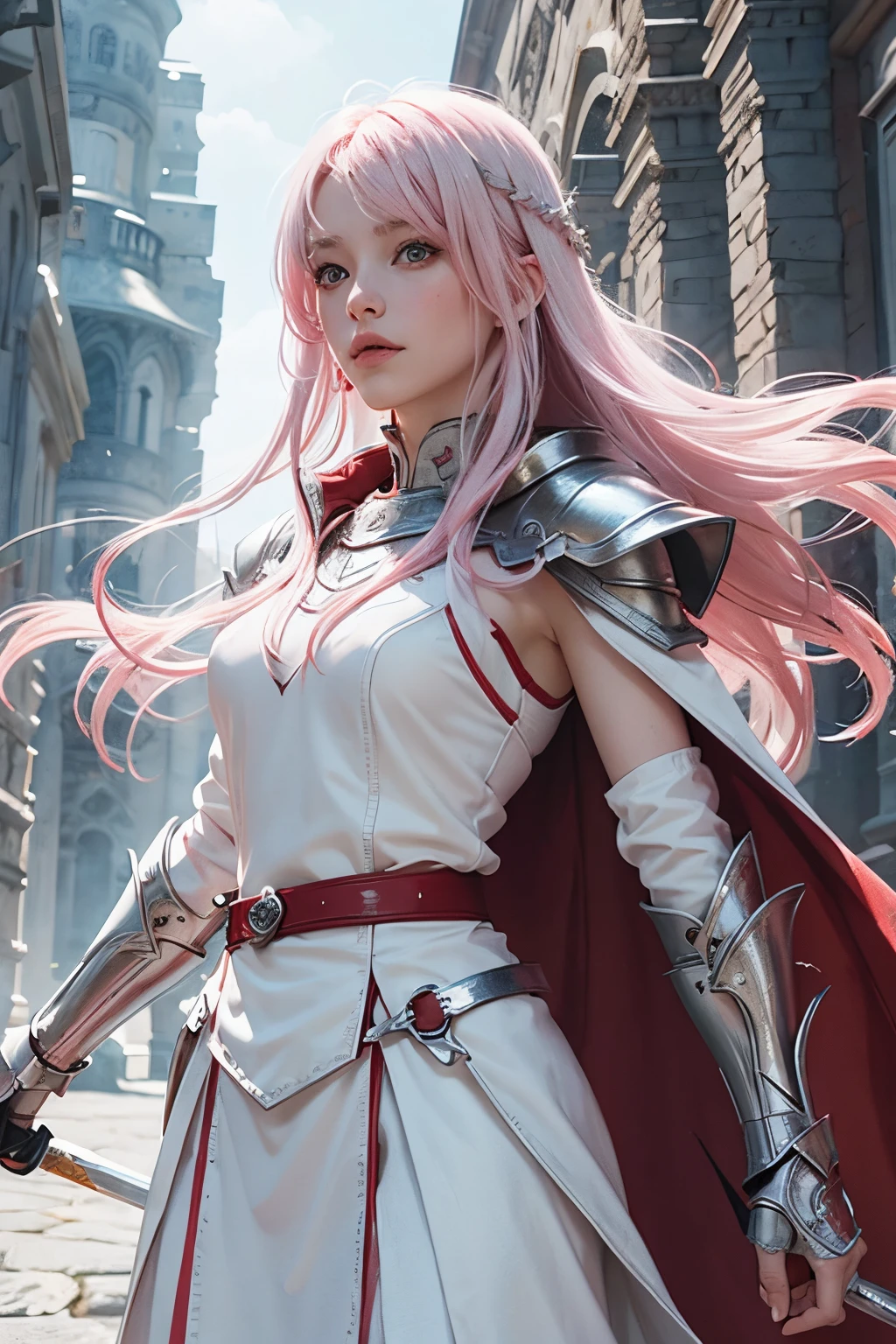 White female warrior Pink hair, white armor with silver. Red cloak, long sword, light falling on the reflective armor.