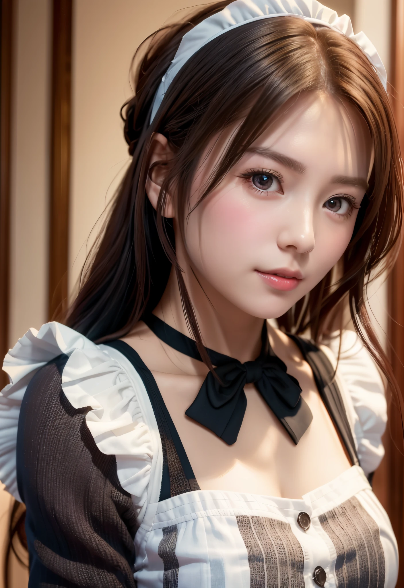 8K, of the highest quality, masutepiece:1.2), (Realistic, Photorealsitic:1.37), of the highest quality, masutepiece, Beautiful young woman、A charming、and an inviting look, Cute Maid Clothes, Hair tied back, Cinematic background, Light skin tone