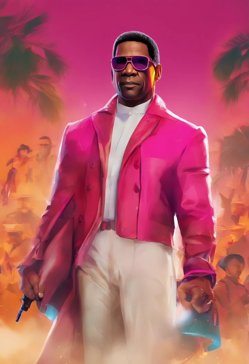 Denzel Washington debout avec sa bouche cousue, Montrant l'ensemble du corps du costume de creator,bijoux et cravate photo sombre: realistic epic, Portrait lointain,lunettes de soleil noires, yeux bleus, cheveux noirs, yellow gradient, ????, Palette de couleurs marron et magenta, grunge aesthetic!!! Arrière-plan du mur de guerre, L'art et l'artgerme, soft cinematic light, Adobe Lightroom, Laboratoire photo, blurred background