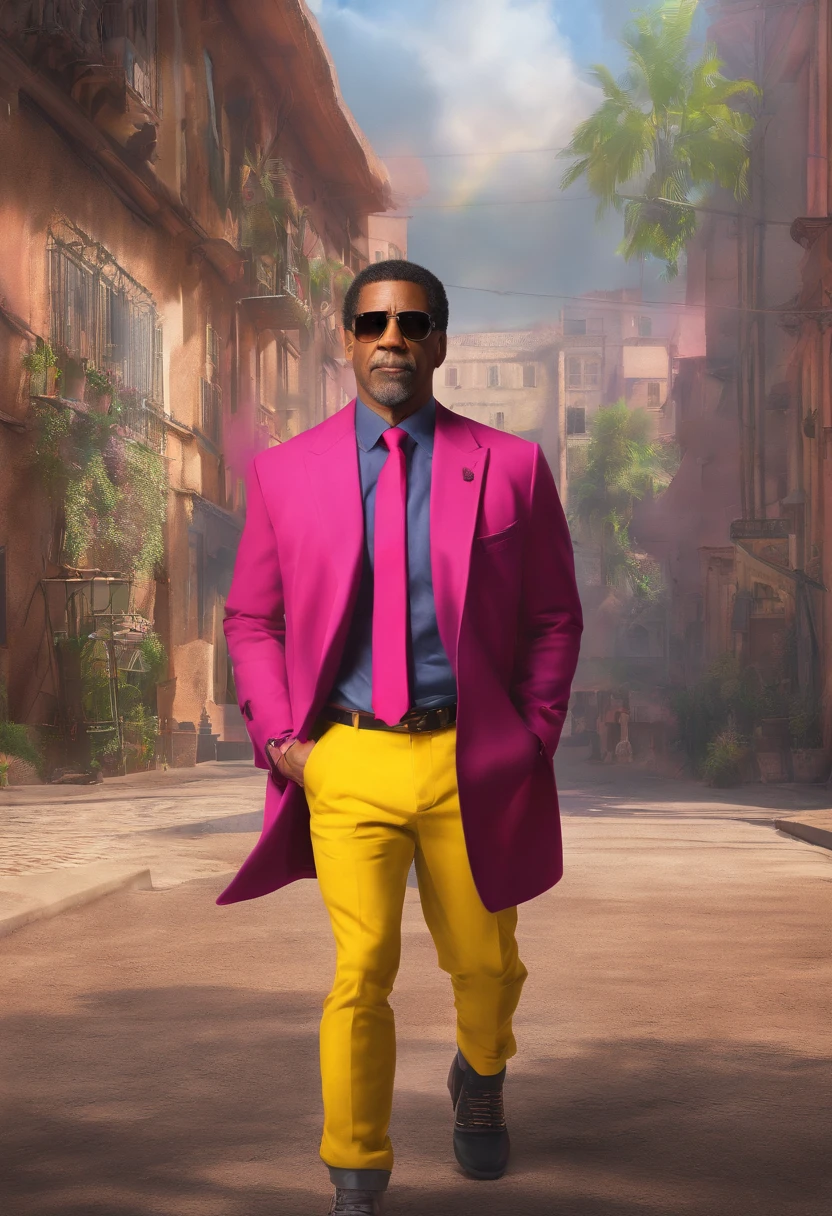 Denzel Washington debout avec sa bouche cousue, Montrant l&#39;ensemble du corps du costume de creator,bijoux et cravate photo sombre: realistic epic, Portrait lointain,lunettes de soleil noires, yeux bleus, cheveux noirs, yellow gradient, noir, Palette de couleurs marron et magenta, grunge aesthetic!!! Arrière-plan du mur de guerre, L&#39;art et l&#39;artgerme, soft cinematic light, Adobe Lightroom, Laboratoire photo, blurred background