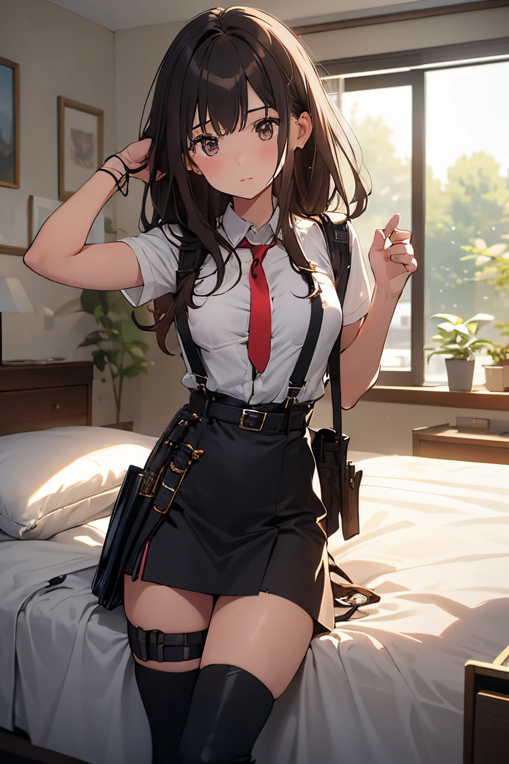 ​masterpiece、flat-colors、depth of fields、lens flare 1 girl、、Brown hair、watching at viewers　　　black suspenders　　　Bulging big breasts　　 　 　　　walls: 　Black miniskirt　garters　　　　　　Gaze　　　Small face　bangss 　　　holster　　Belt Armament　Beautuful Women　srestrained　hands up　Lying in bed　Leg holster lying on the bed　　Gaze 　Black boots