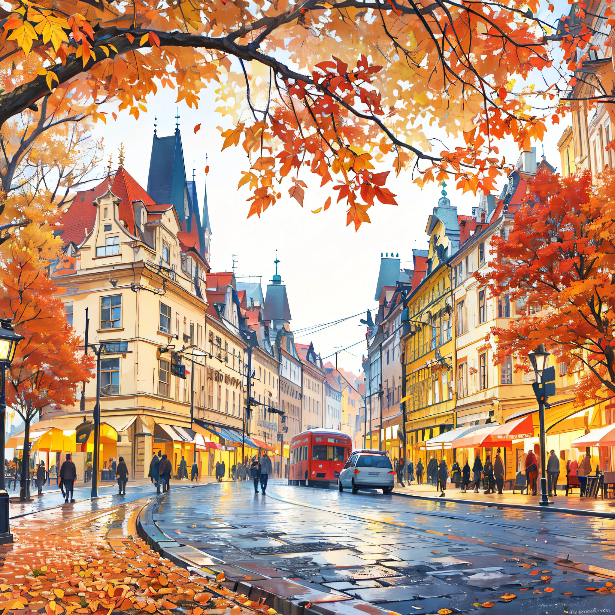 bus and people walking on it々A picture of a street with people, 2 5 6 x 2 5 6, 256x256, autumn season, beautiful art uhd 4 k, city of pristine colors, Gabor Sikzai, in city street, Beautiful cityscape, Albert Cotin, Prague, Outdoor European cityscape