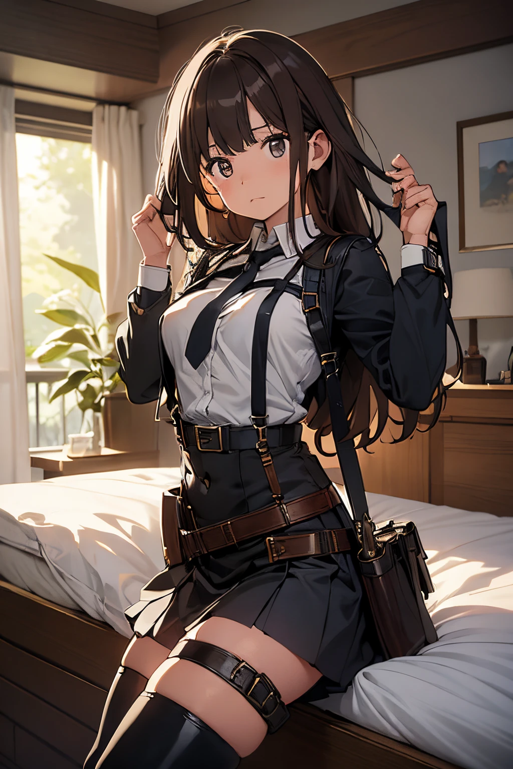 ​masterpiece、flat-colors、depth of fields、lens flare 1 girl、、Brown hair、watching at viewers　　　black suspenders　　　Bulging big breasts　　 　 　　　walls: 　Black miniskirt　garters　　　　　　Gaze　　　Small face　bangss 　　　holster　　Belt Armament　Beautuful Women　srestrained　hands up　Lying in bed　Leg holster lying on the bed　　Gaze 　Black boots