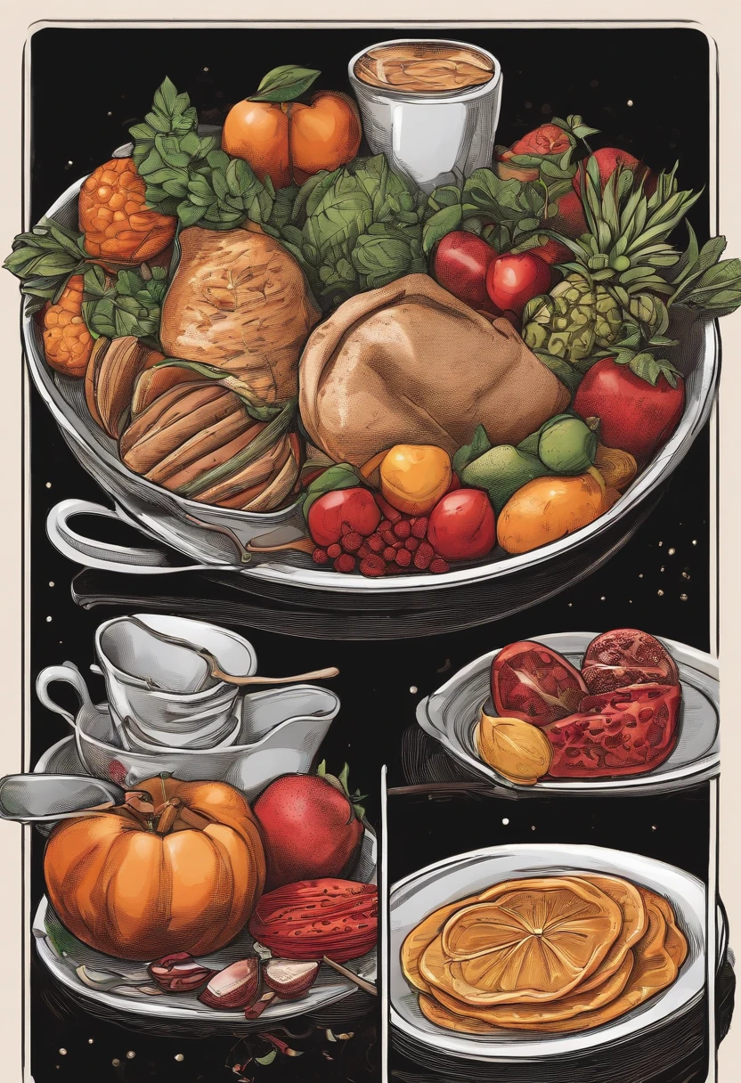 /imagine prompt: Food illustration on black background sticker, bold outline style, jagged edges, Garbage core, Light Shadows --v 5.2