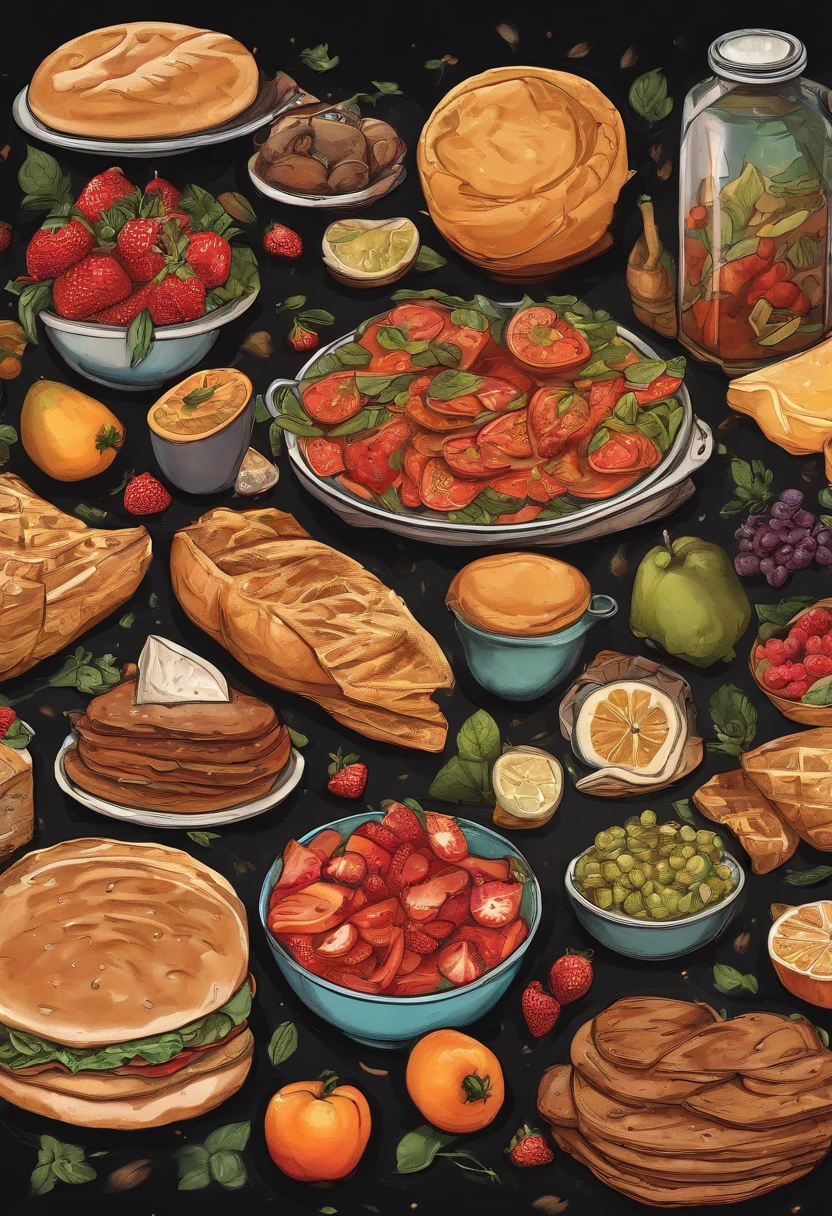 Um homem e uma mulher comem em frente a uma mesa redonda,Tables are filled with a variety of colorful food and drinks,Riram felizes