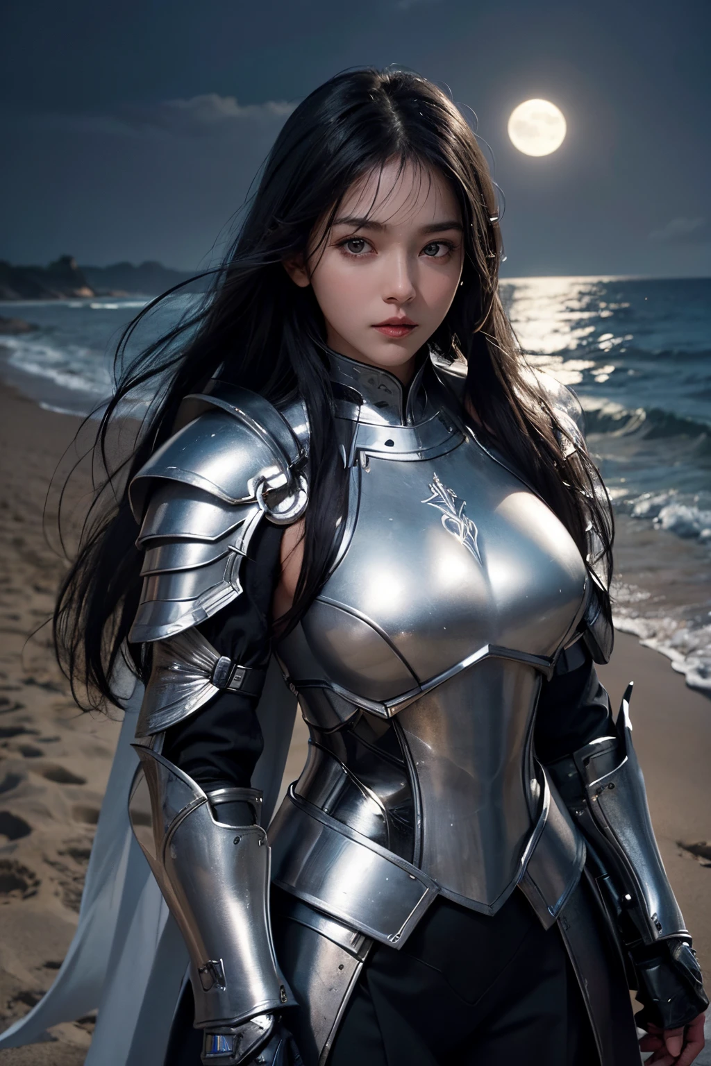 Upper body close-up image.A beautiful silver-white woman wearing full body armor. Black hair. black eyes. He has a good-looking face. She is standing on the beach, the moonlight shining on her. She is holding a long sword towards the camera.