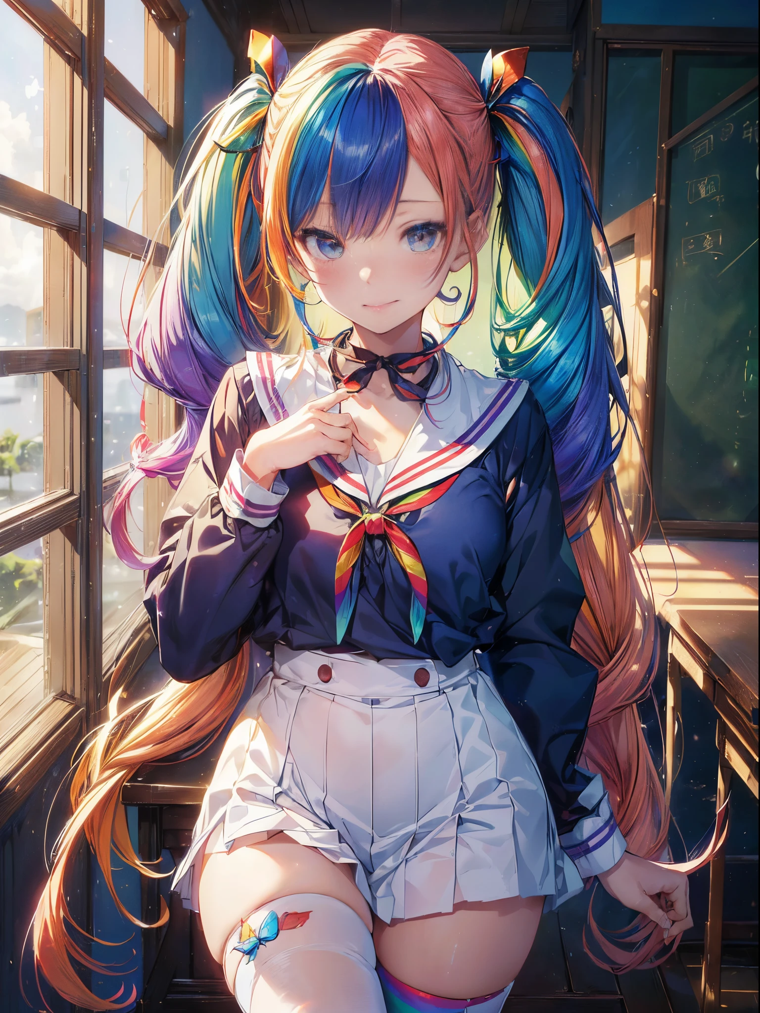 a sailor suit、(masutepiece:1.3), (8K, Photorealistic, Raw photo, Best Quality: 1.4), Beautiful face, (Realistic face), Beautiful detailed eyes, (Realistic skin), Attractive, Intricate details,Golden ratio, 1 girl,Naughty smile, (rainbow hair:1.4),((Long twintails,Ribbon 1.4)),(Blue butterfly hair ornament),schools、‎Classroom、