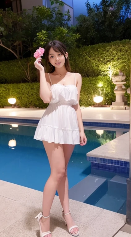 hightquality、masterpiece、ultra res、a beauty girl、beautiful girls face、cute girl face、Poolside at night、gals、Amescu、full body Esbian、Famous actresses of Japan、Very beautiful face